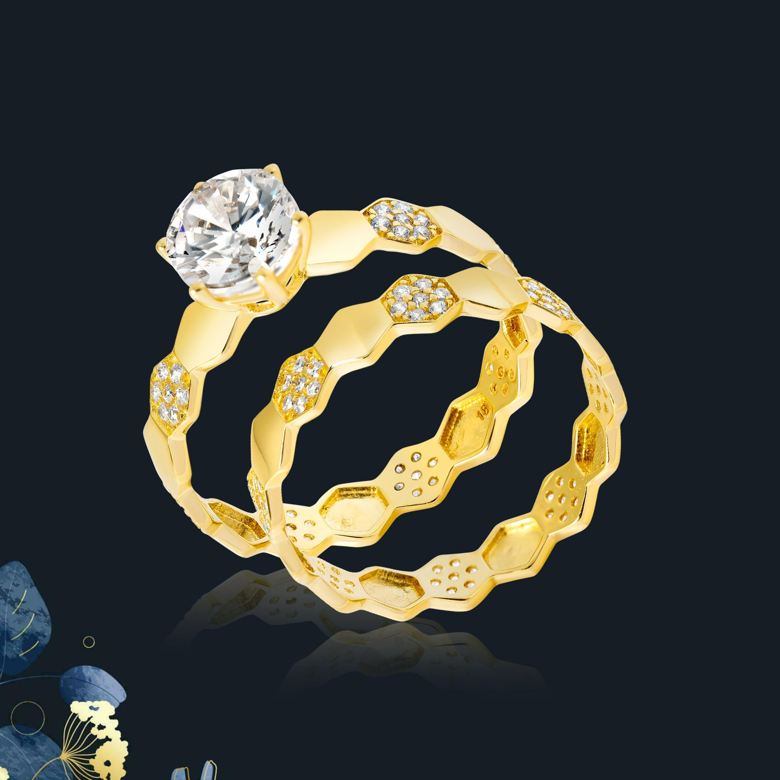 18K Pure Gold Elegant Stone Couple Rings