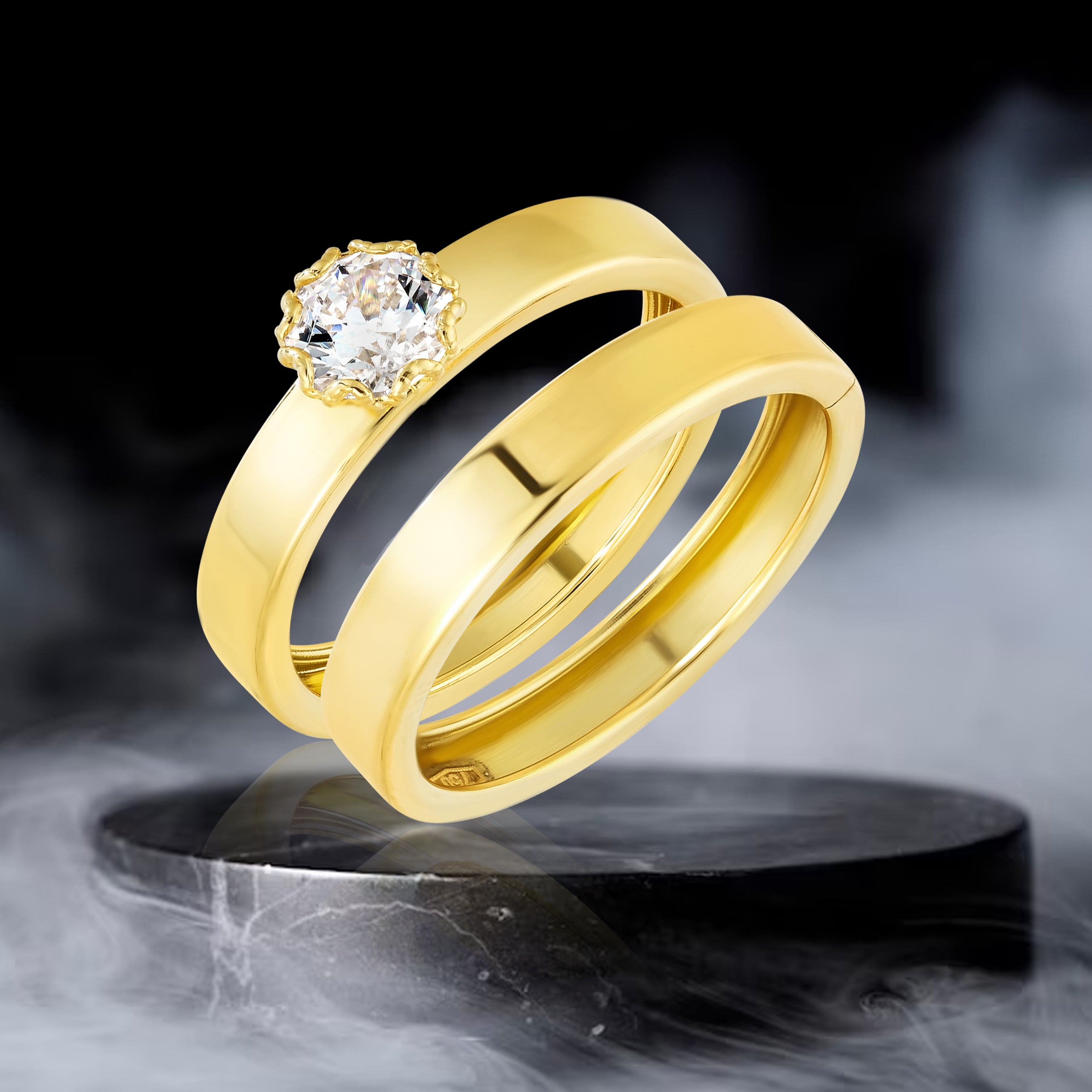 18K Pure Gold Round Stone Couple Rings