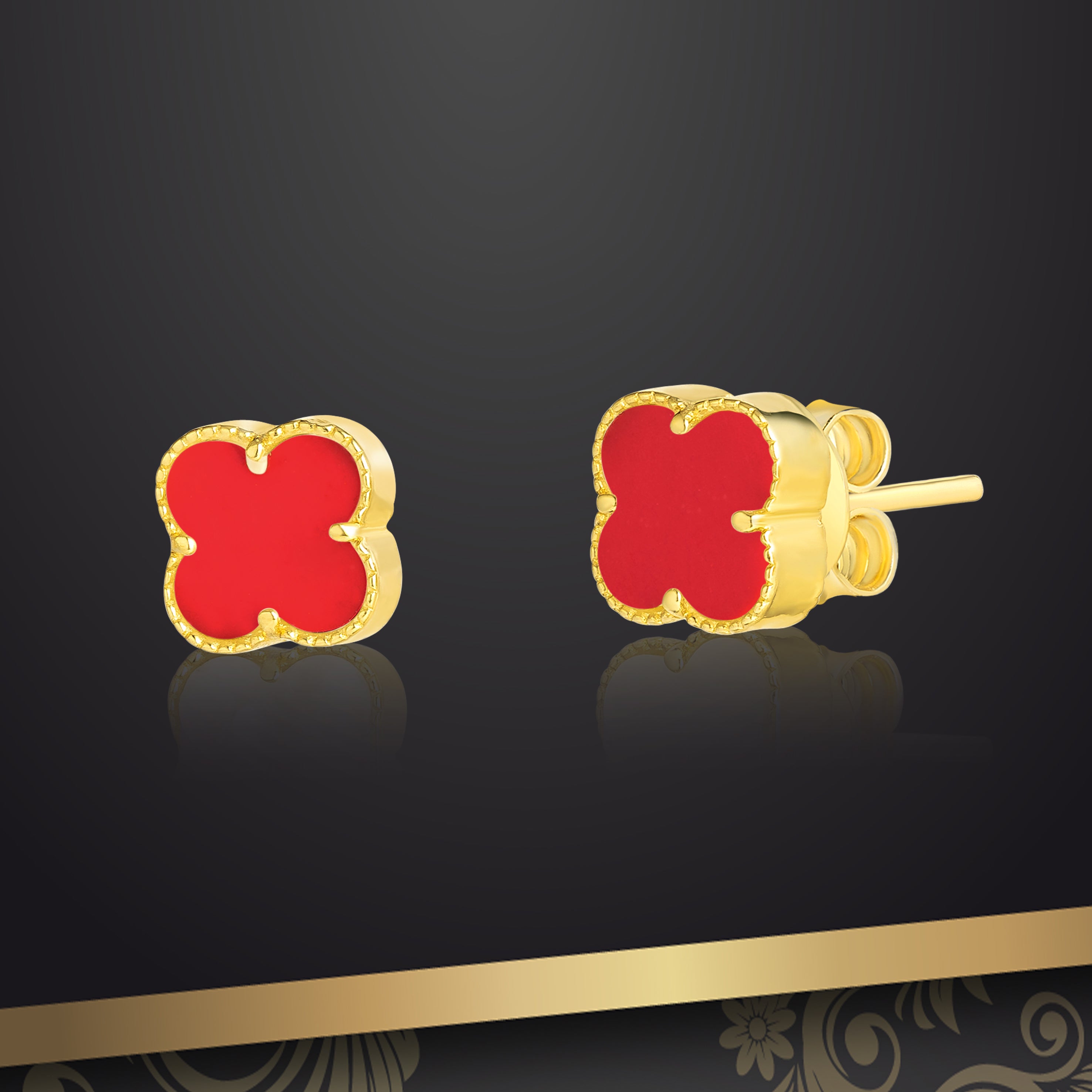 18K Pure Gold V.C Flower Red Earring Set