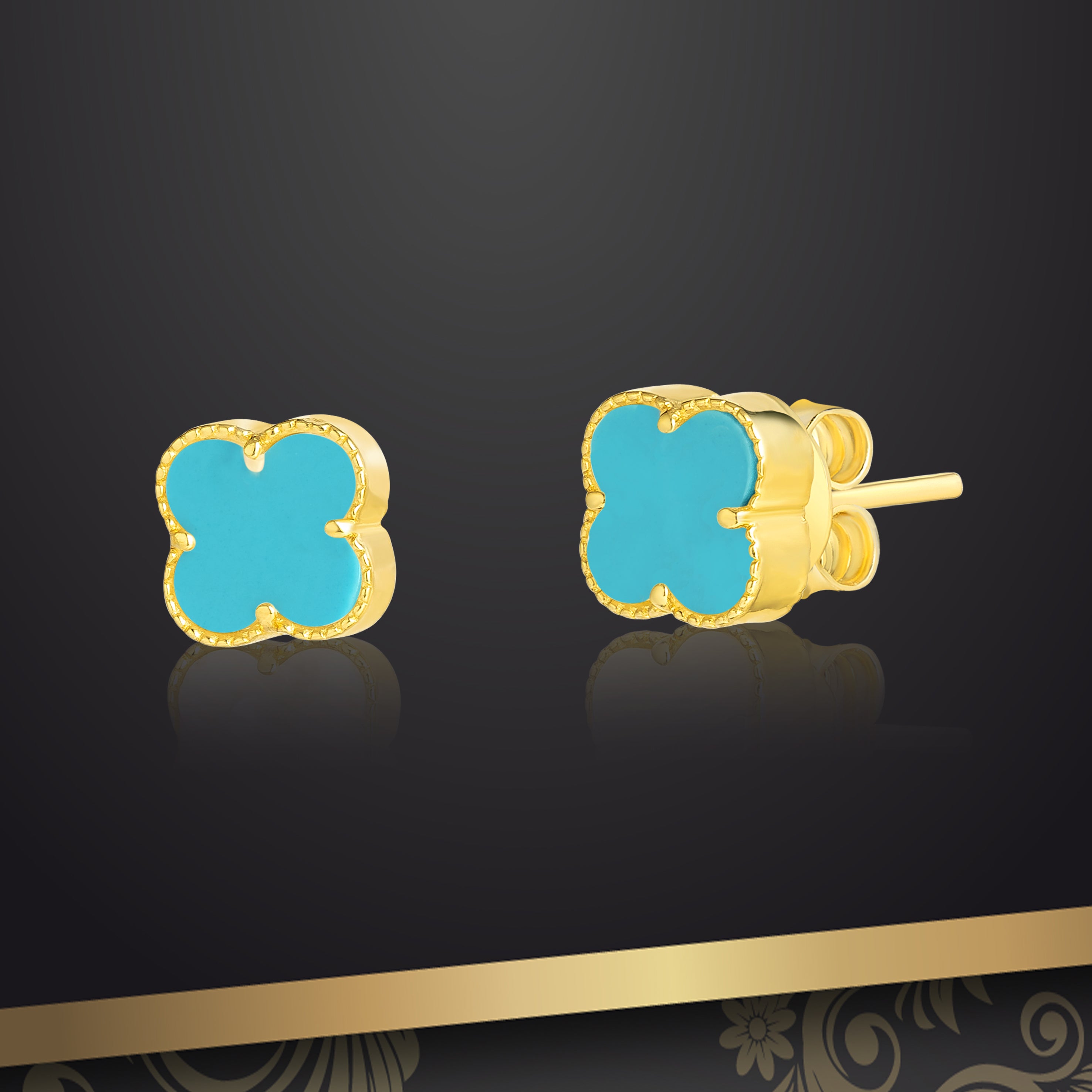 18K Pure Gold V.C Flower Sky Blue Earring Set