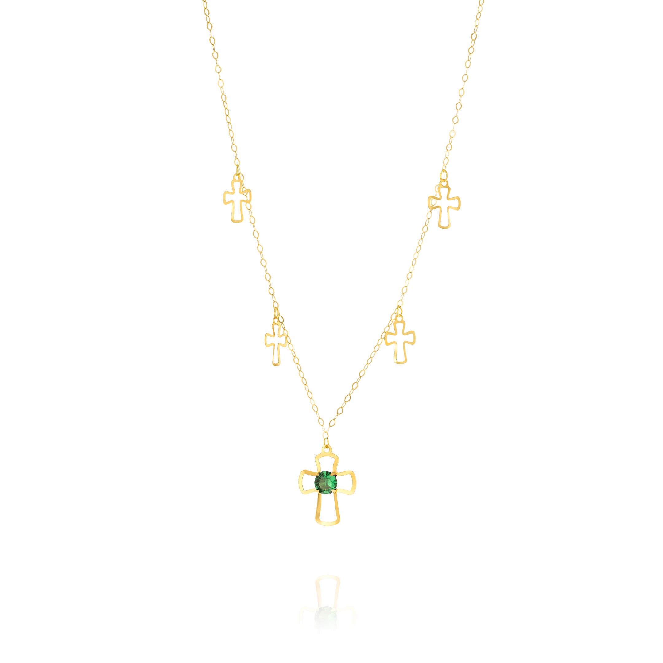 18K Pure Gold Green Stone Cross Necklace