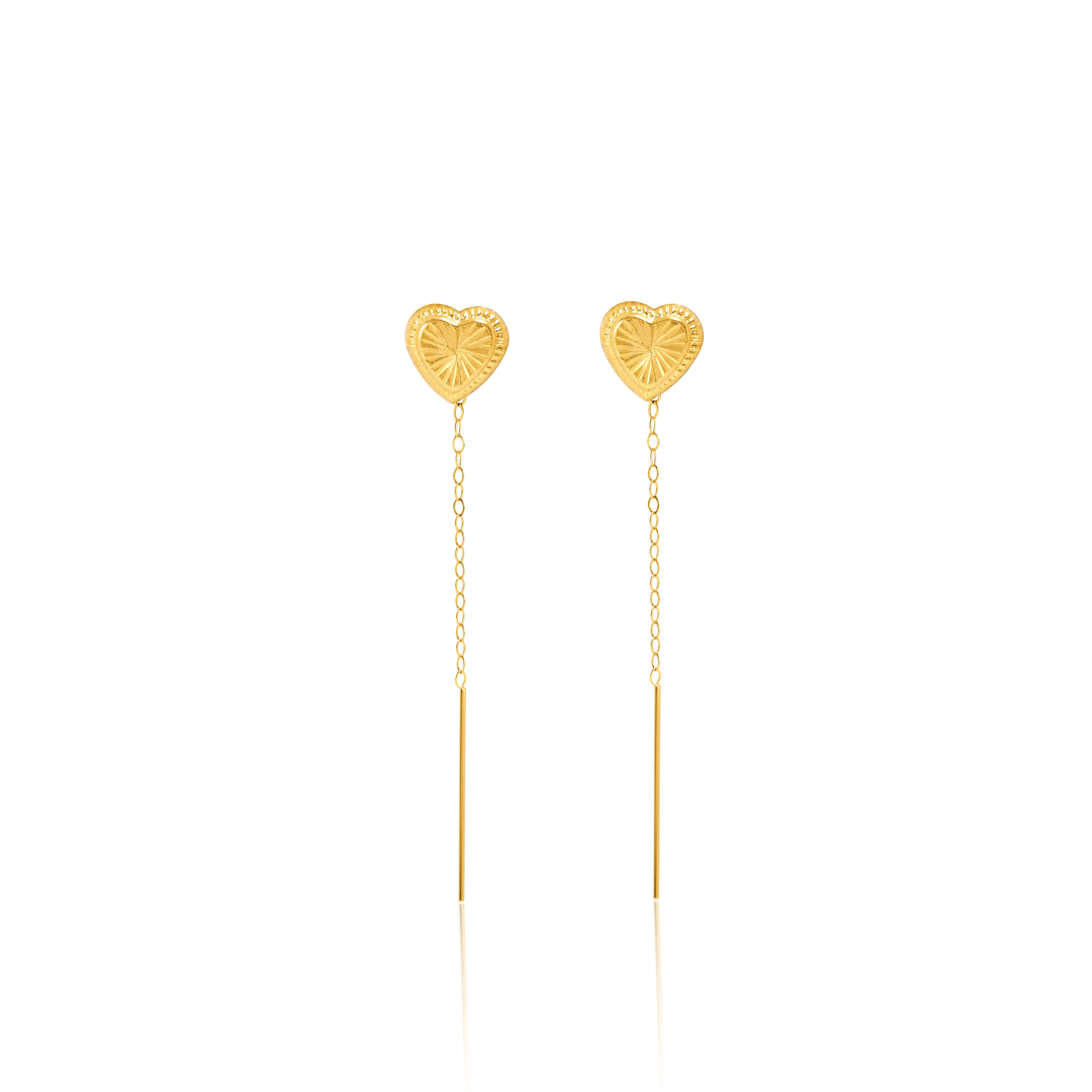 18K Pure Gold Heart Hanging Earring Set