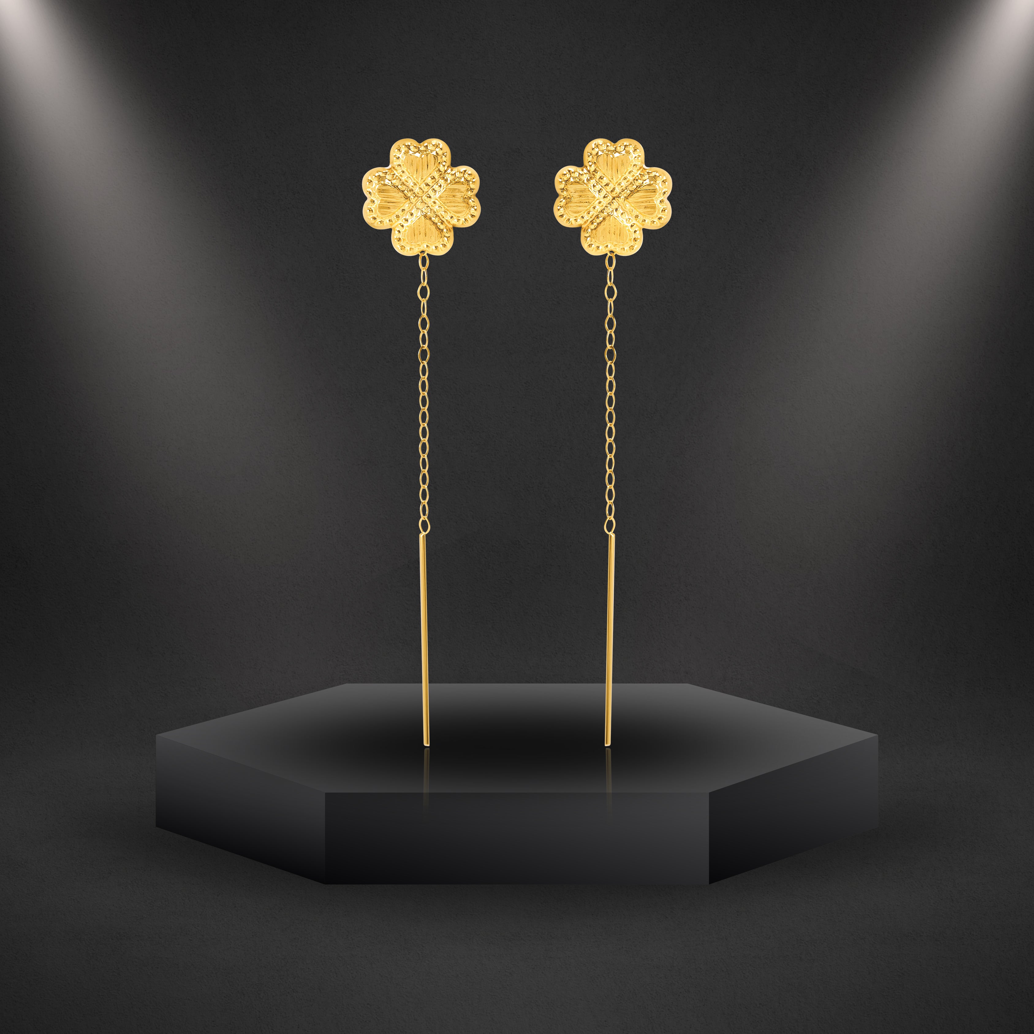 18K Pure Gold Flower Hanging Earring Set
