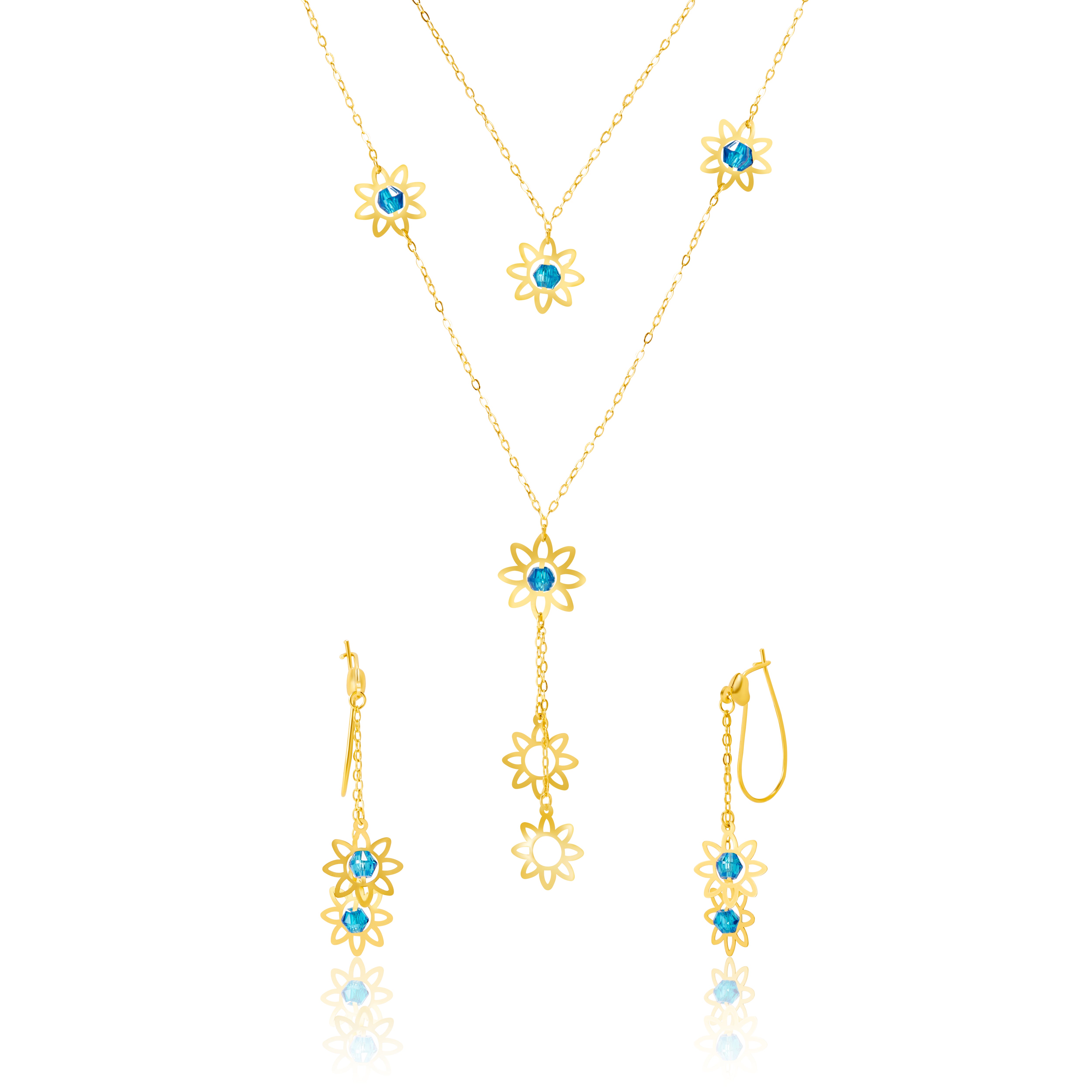 18K Pure Gold Blue Stone Flower Jewelry Set