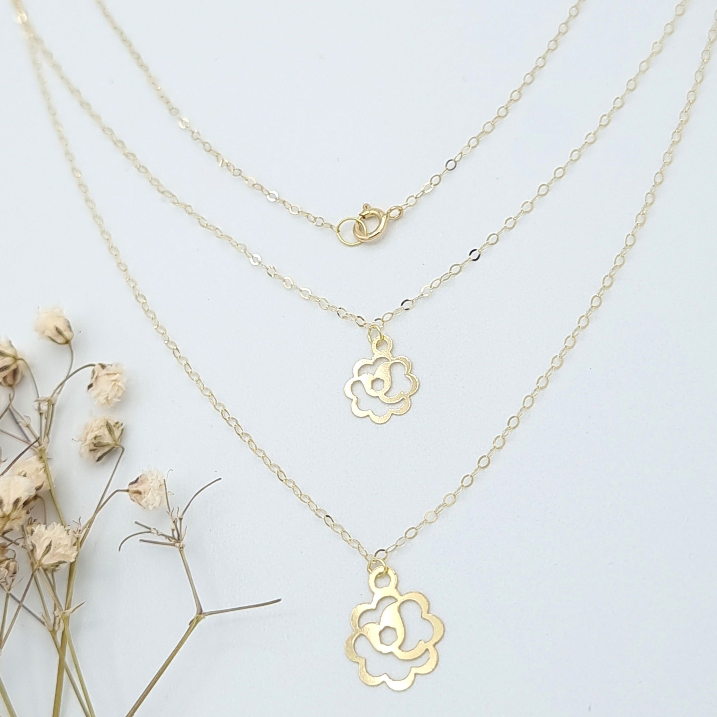 18K Pure Gold 2 Layer Flower Necklace