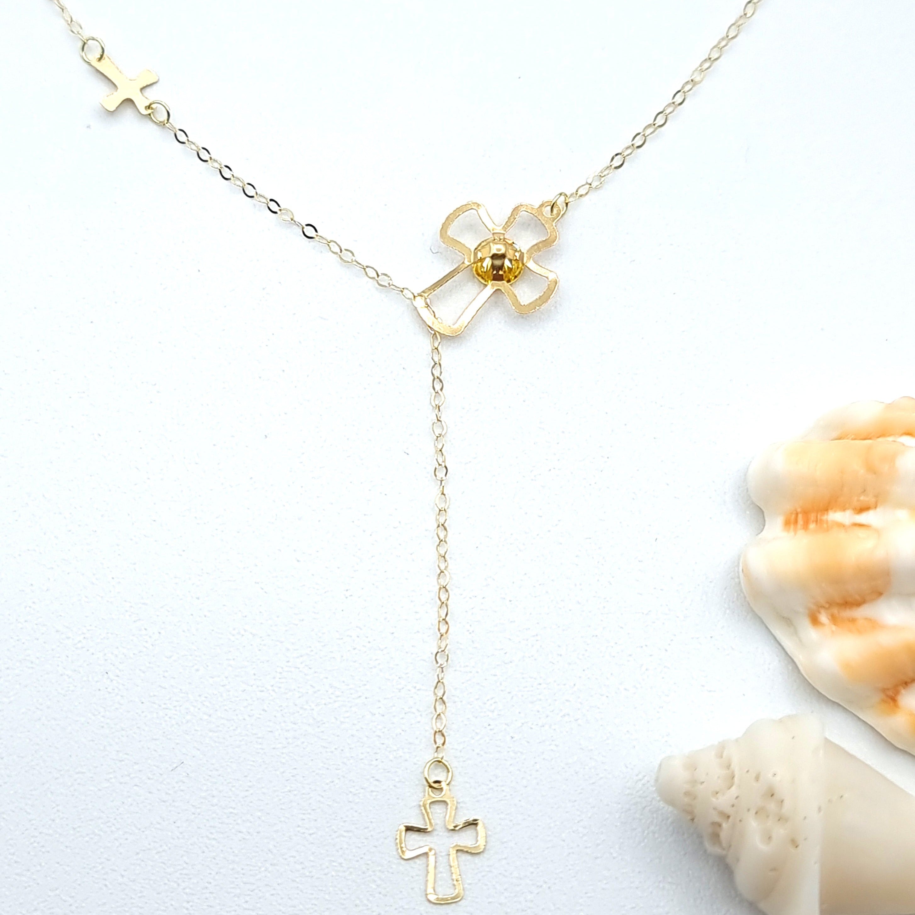 18K Pure Gold Stone Cross Necklace