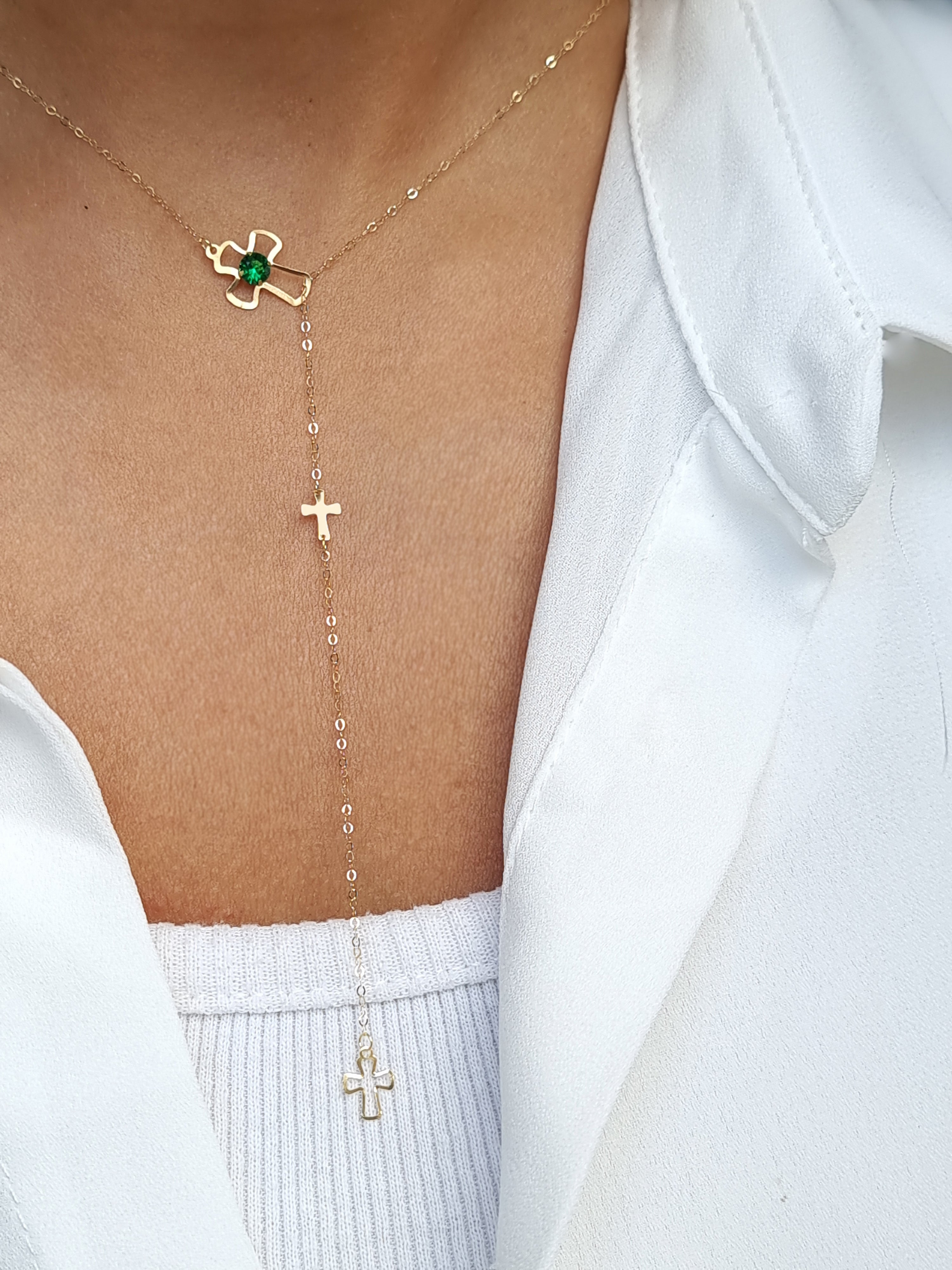 18K Gold Green Stone 3 Cross Elegant Necklace