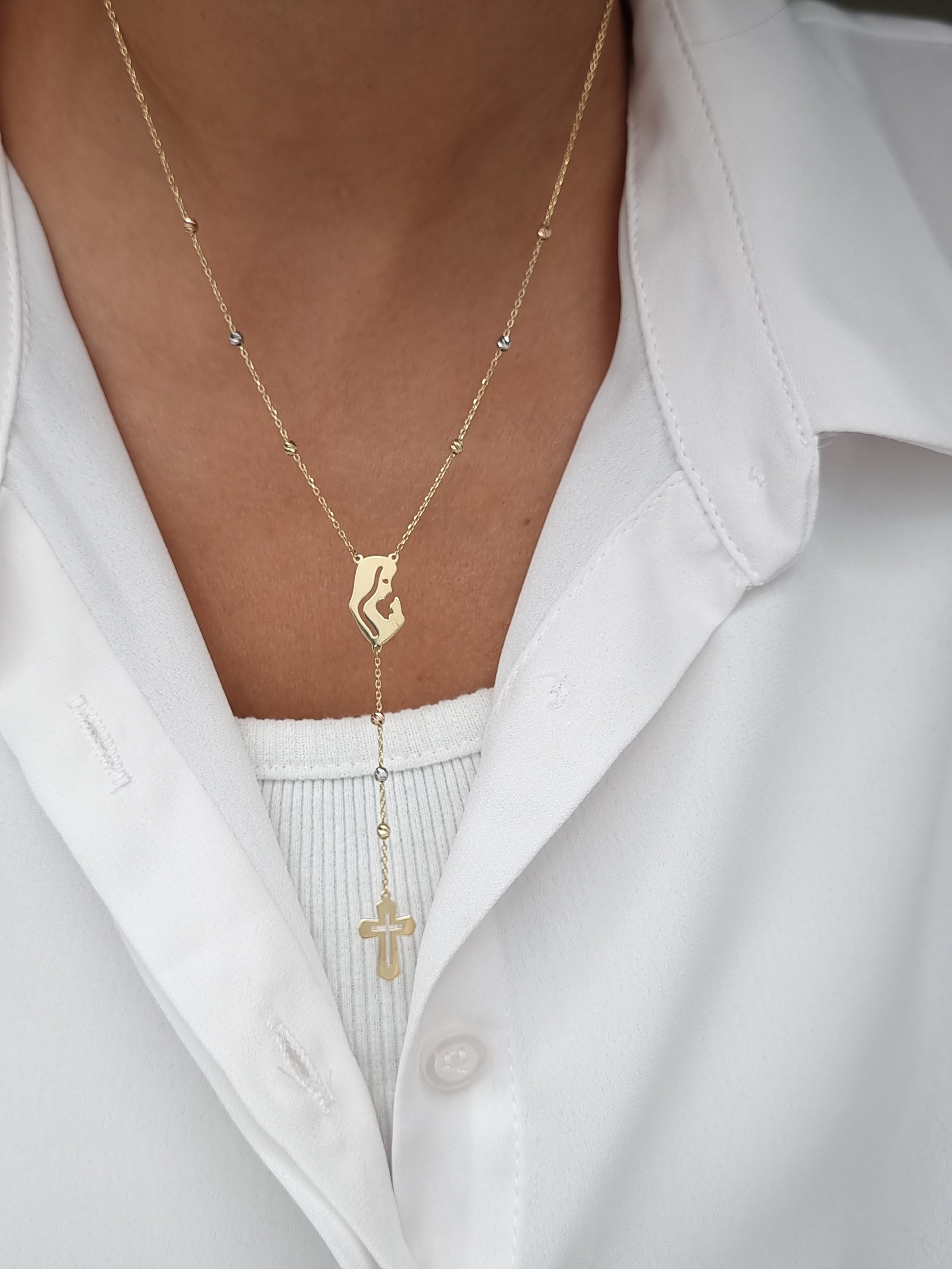 18K Pure Gold Elegant Mama Mary Cross Necklace