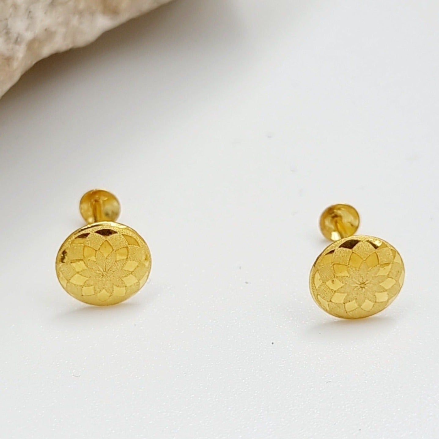 18K Pure Gold Round Flower Stud Earring Set
