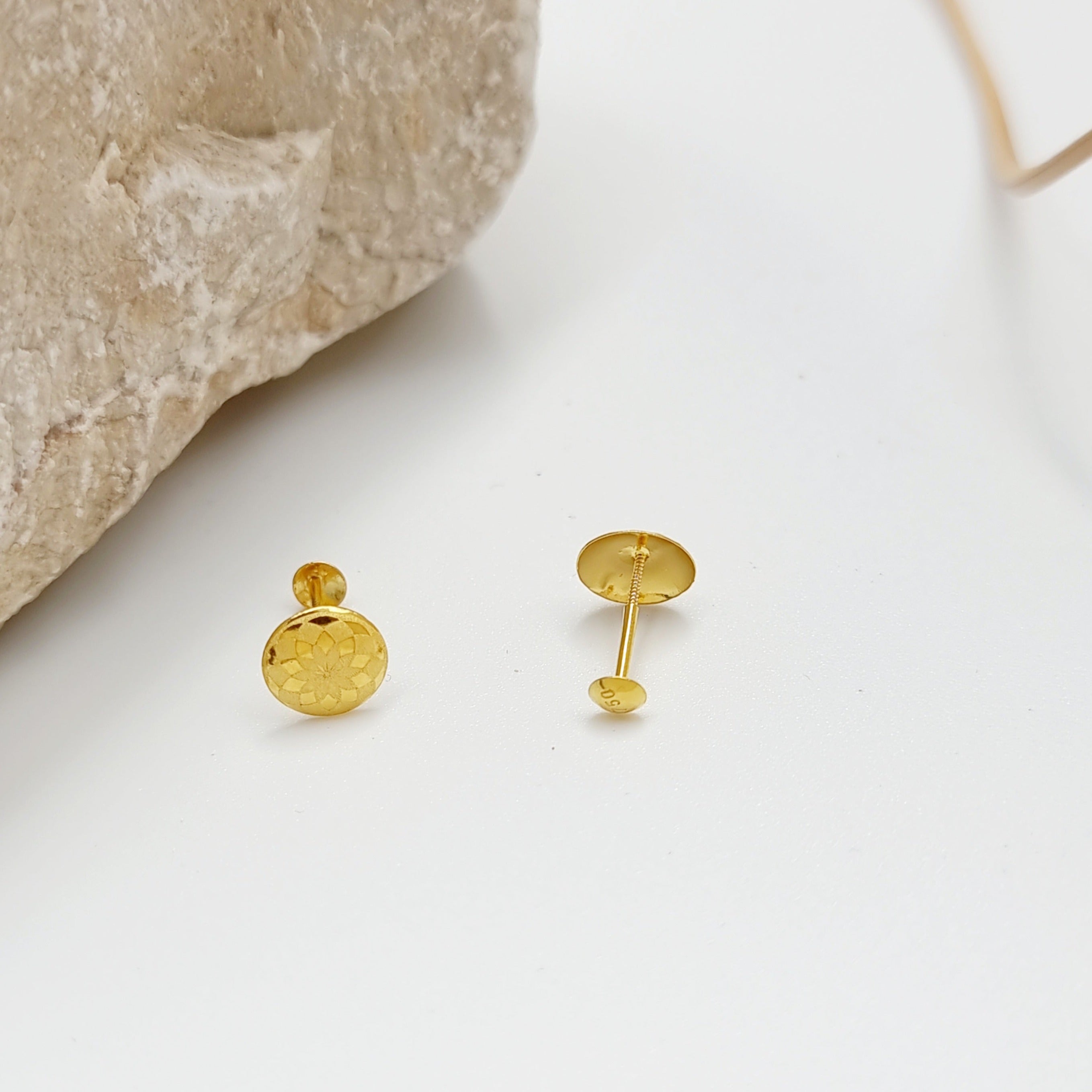 18K Pure Gold Round Flower Stud Earring Set