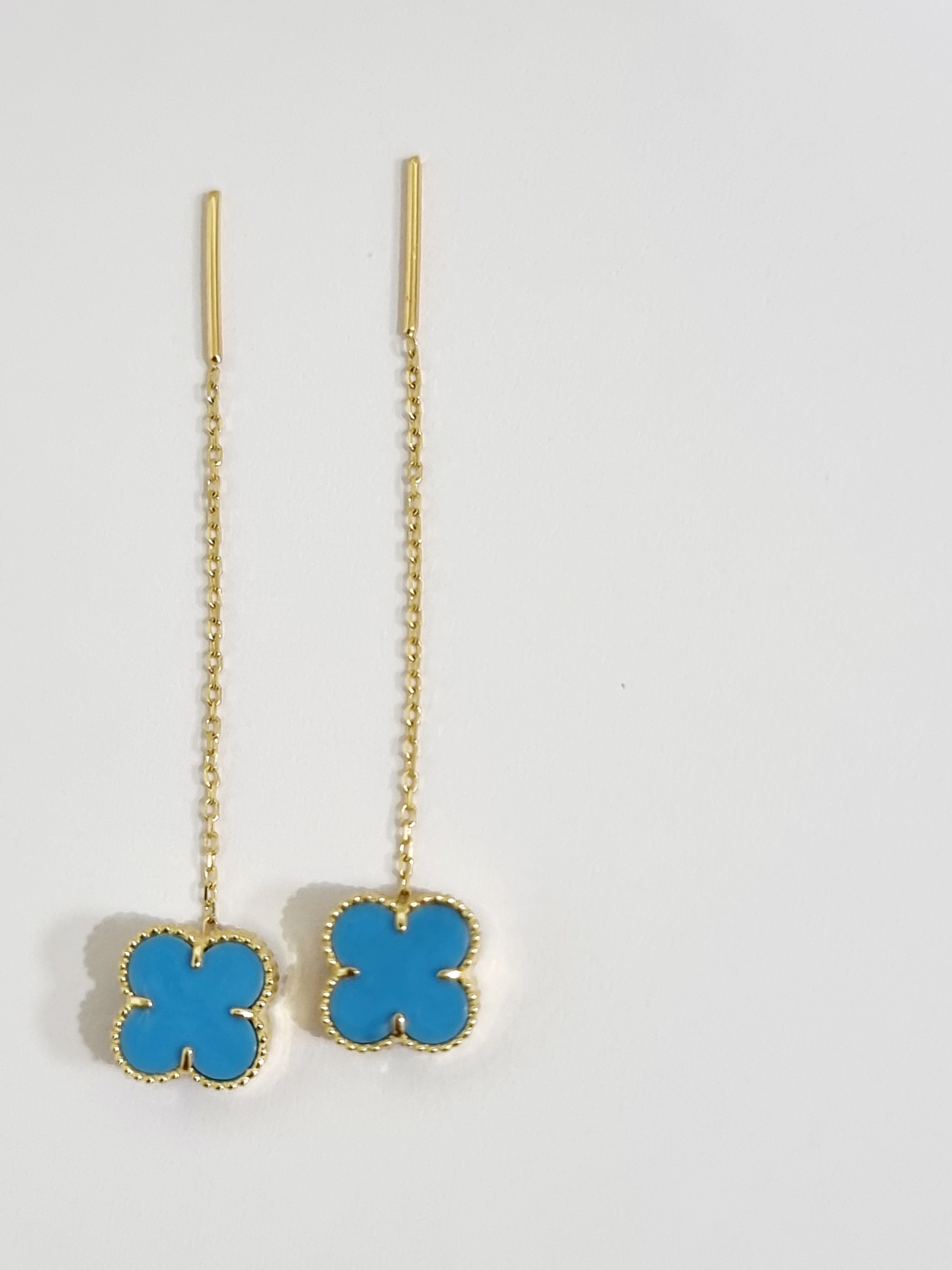 18K Pure Gold Dangling Sky Blue Flower Earring Set