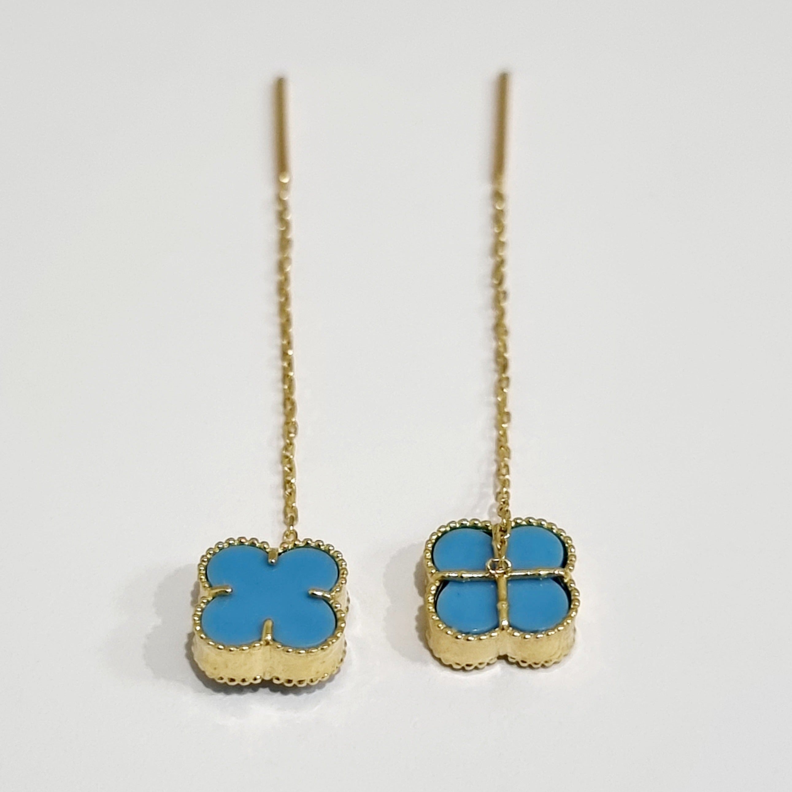 18K Pure Gold Dangling Sky Blue Flower Earring Set