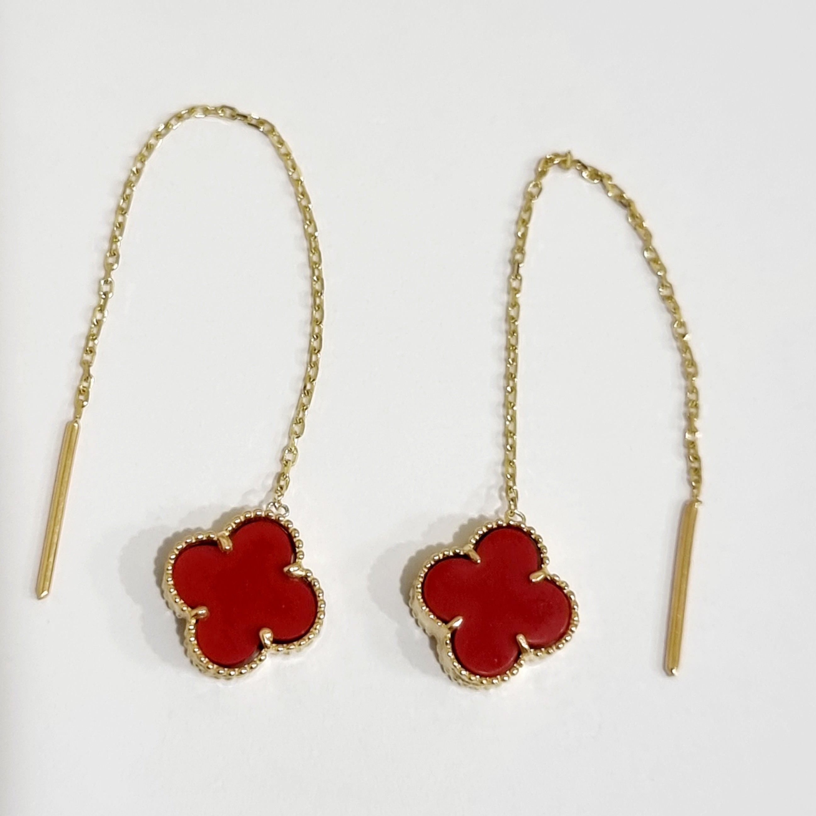 18K Pure Gold Dangling Red Flower Earring Set