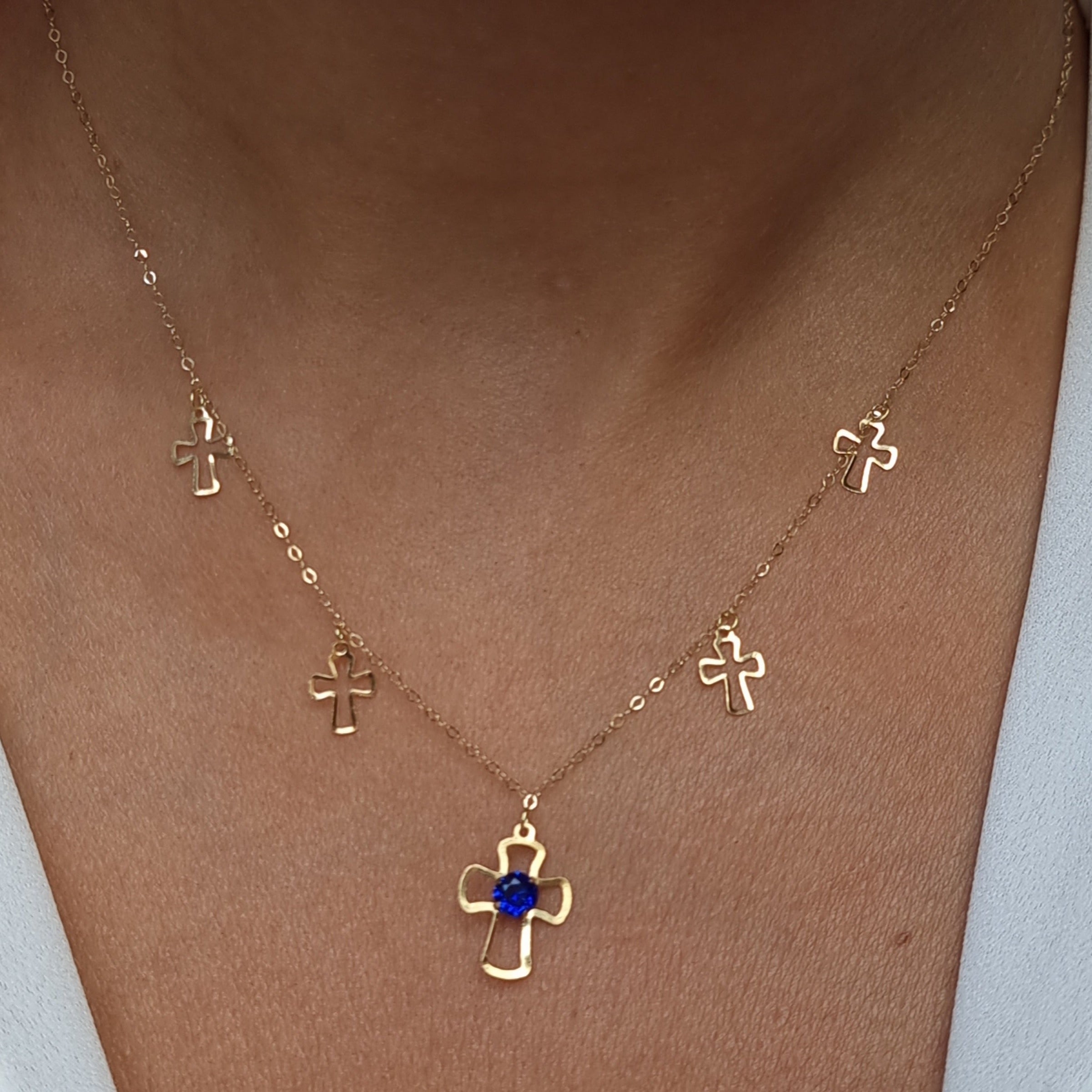 18K Pure Gold Blue Stone Cross Necklace
