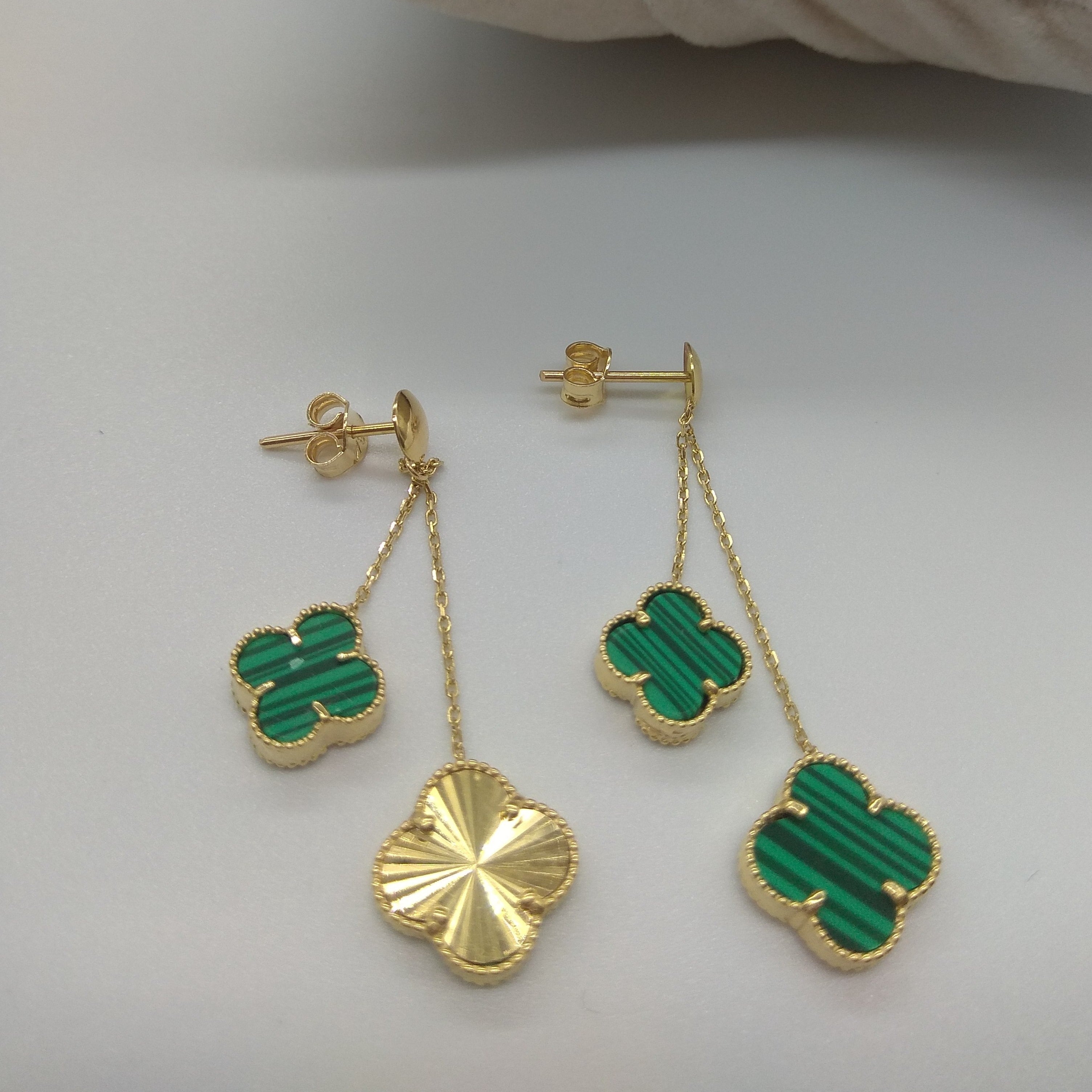 18K Pure Gold Dangling V.C Green Earring Set
