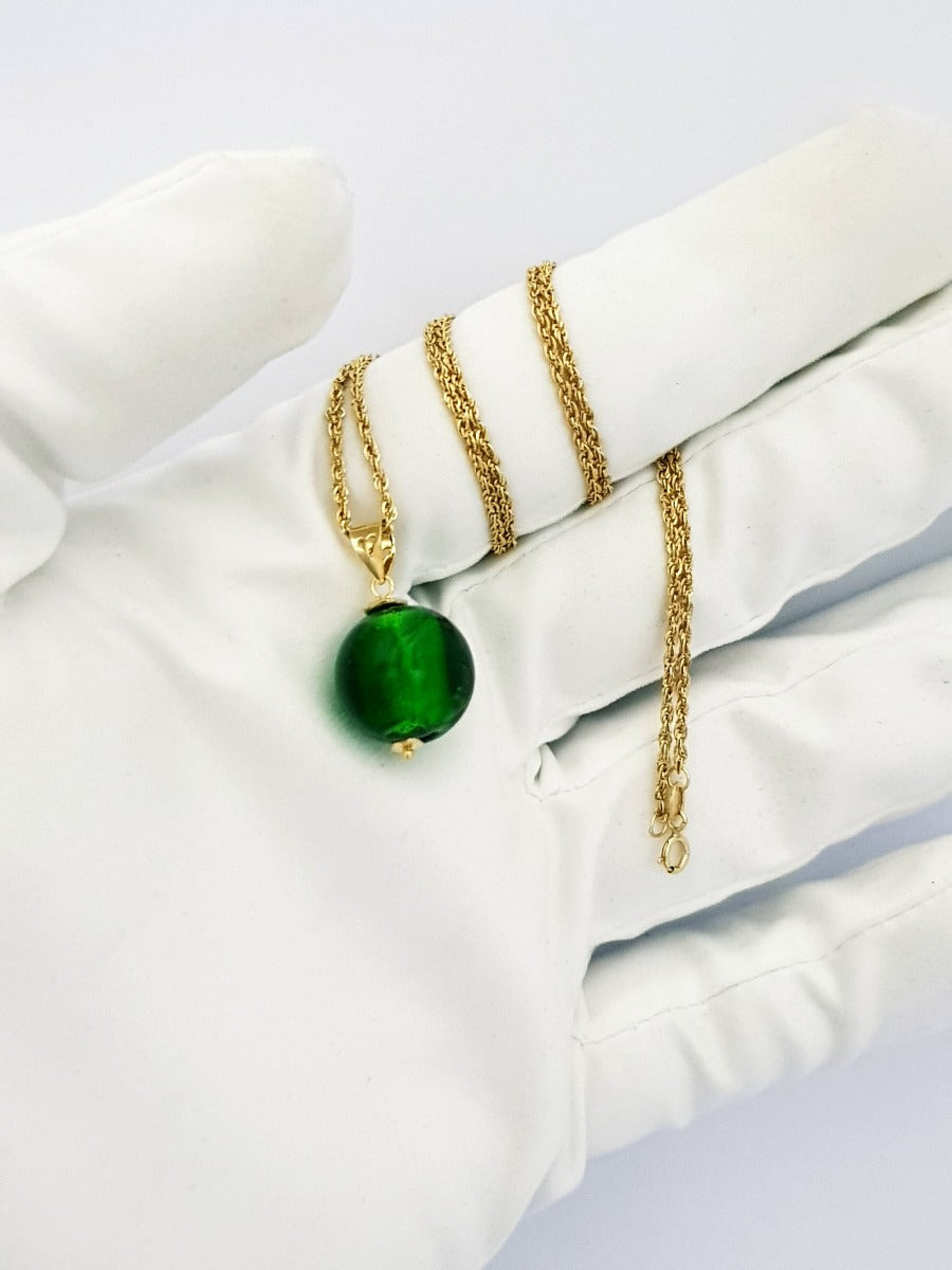 18K Pure Gold Green Ball Stone Necklace