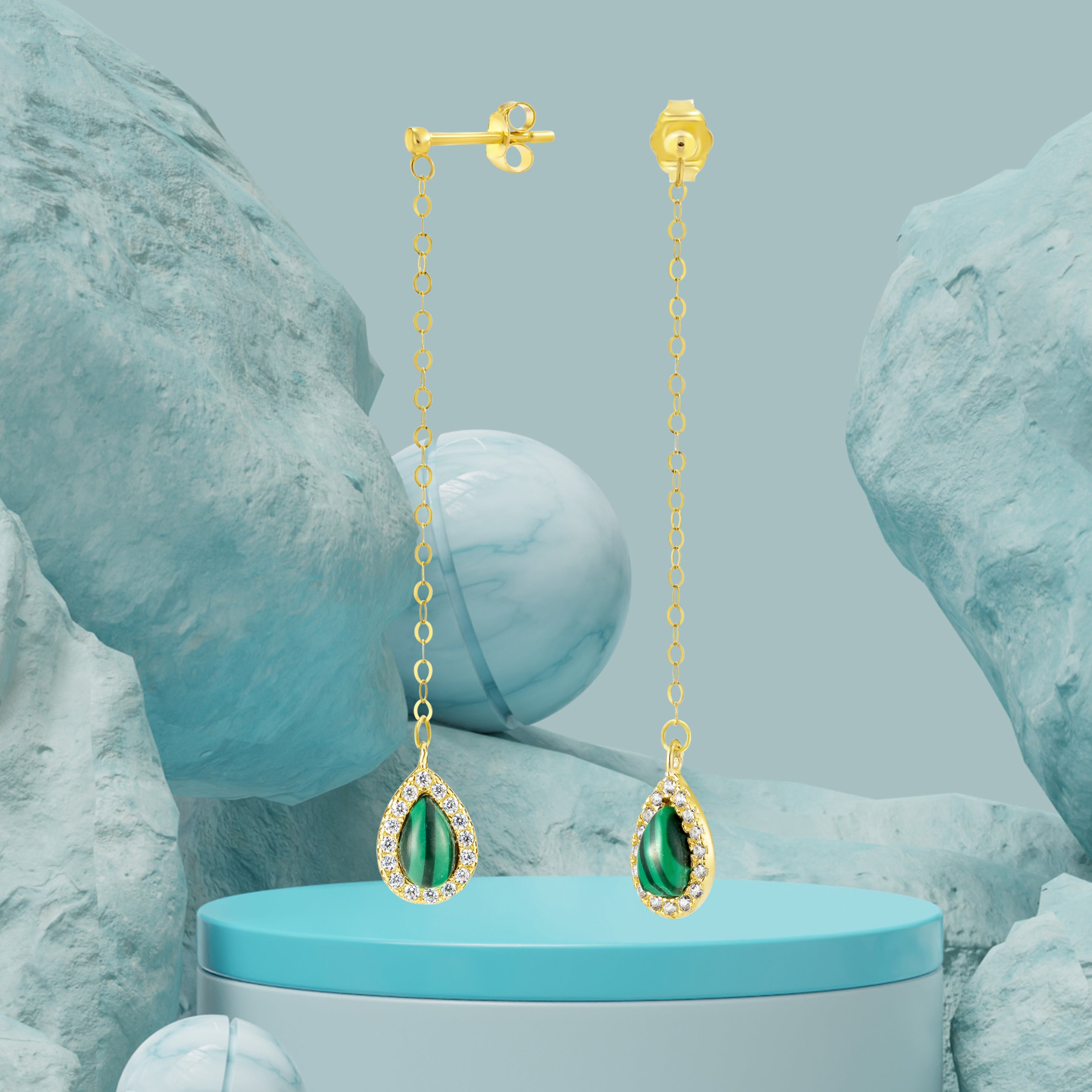 18K Pure Gold Hanging Green Earring Set