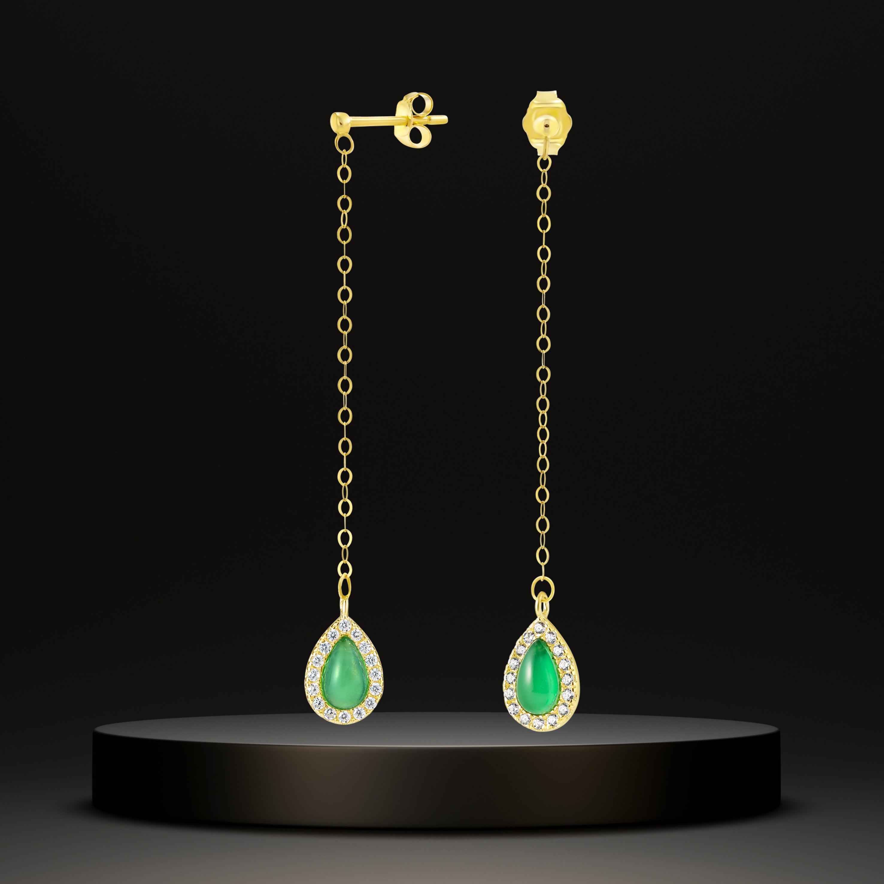 18K Pure Gold Hanging Light Green Earring Set