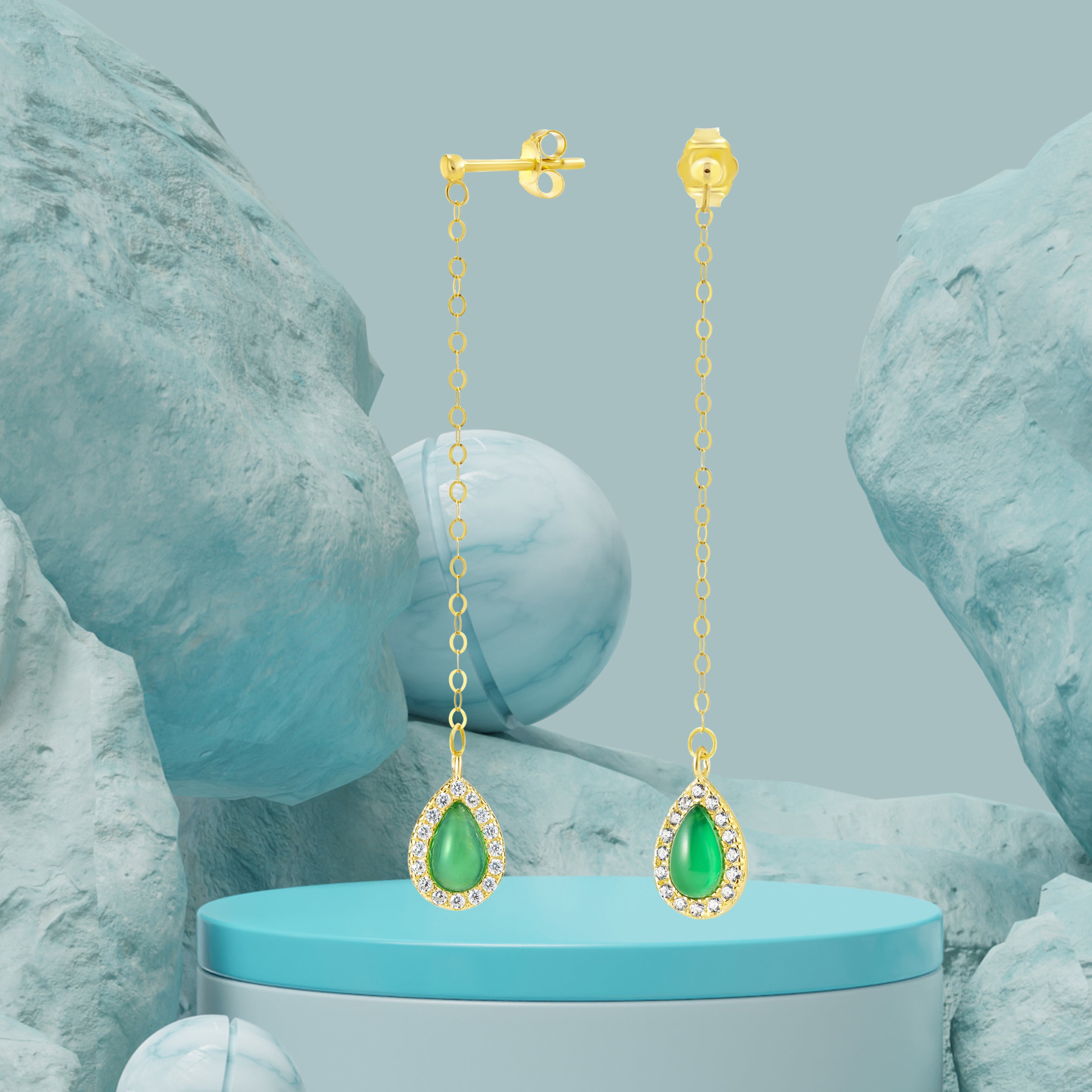 18K Pure Gold Hanging Light Green Earring Set