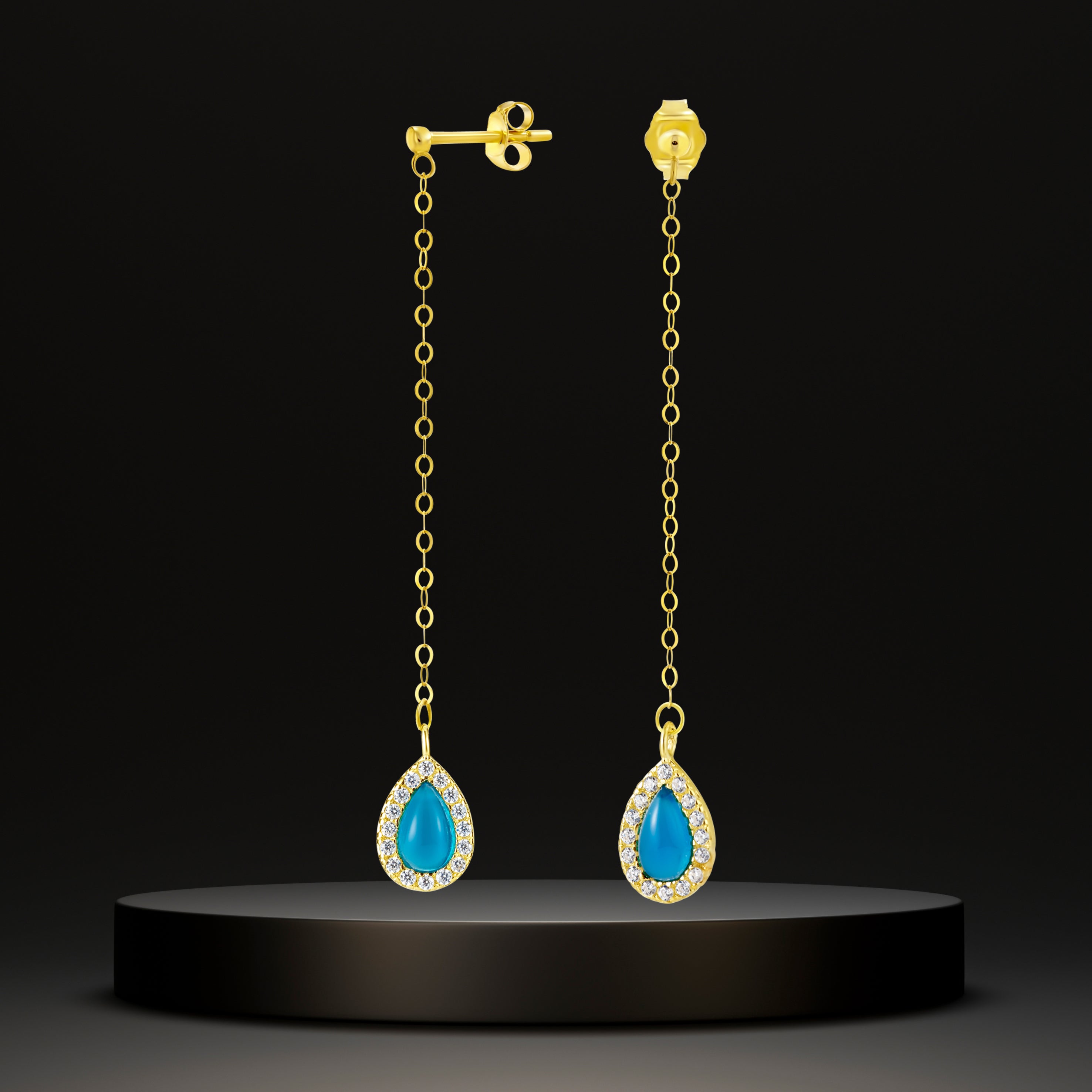 18K Pure Gold Hanging Sky Blue Earring Set