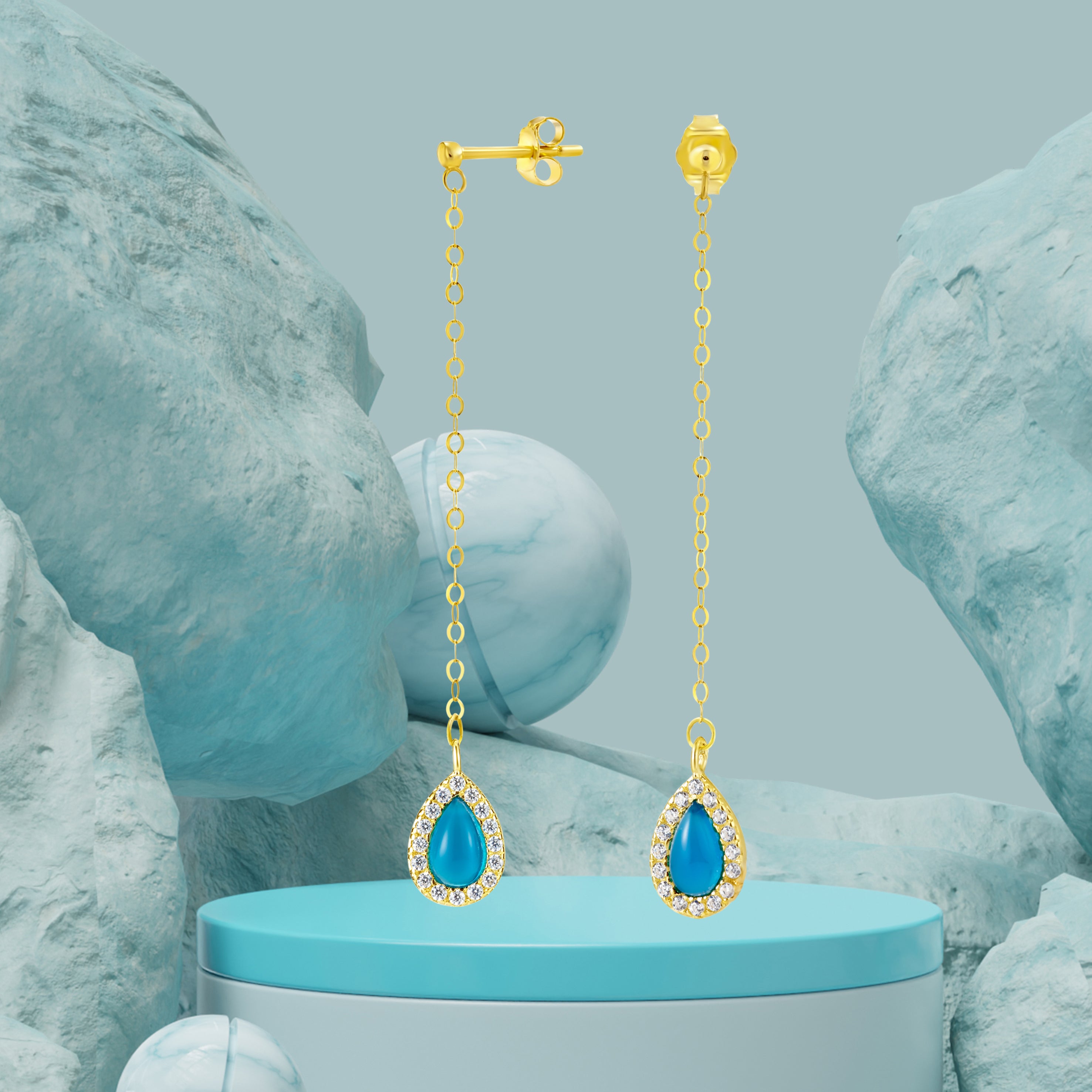 18K Pure Gold Hanging Sky Blue Earring Set