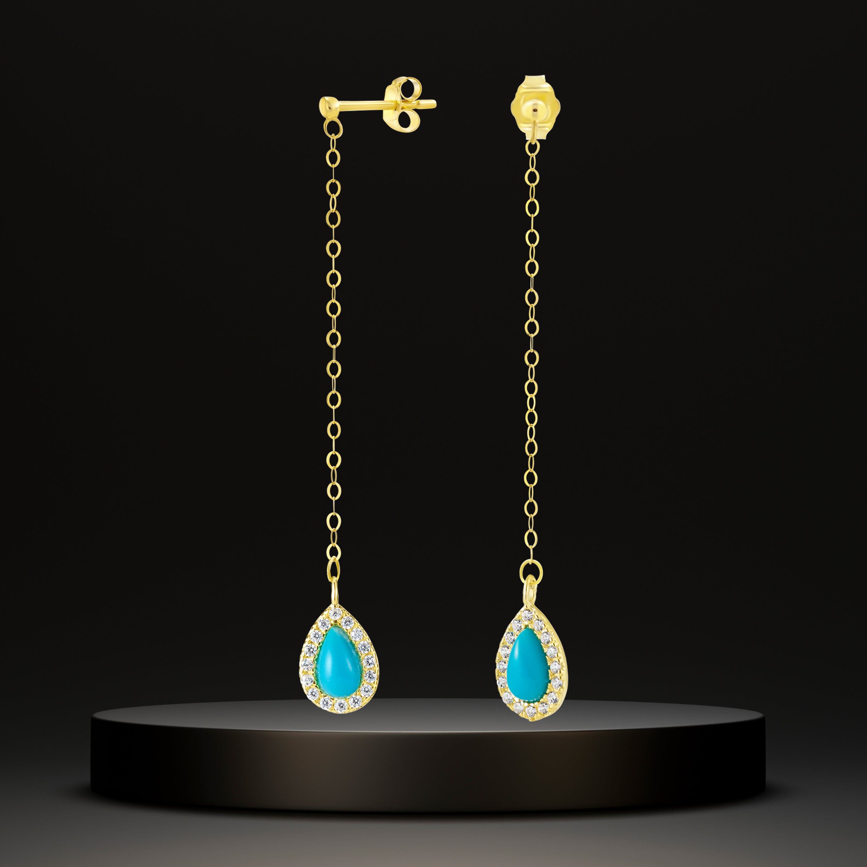 18K Pure Gold Hanging Light Blue Earring Set