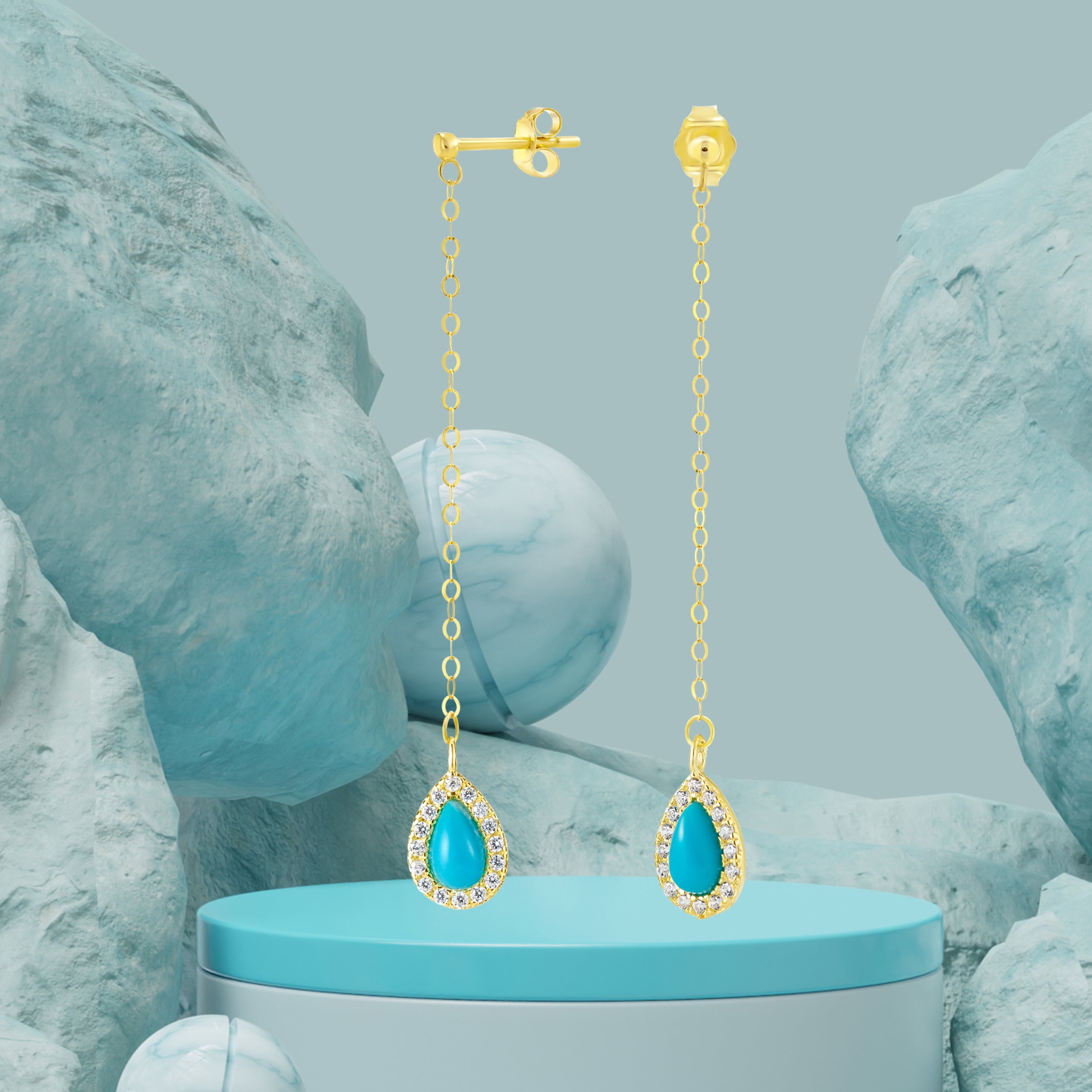 18K Pure Gold Hanging Light Blue Earring Set