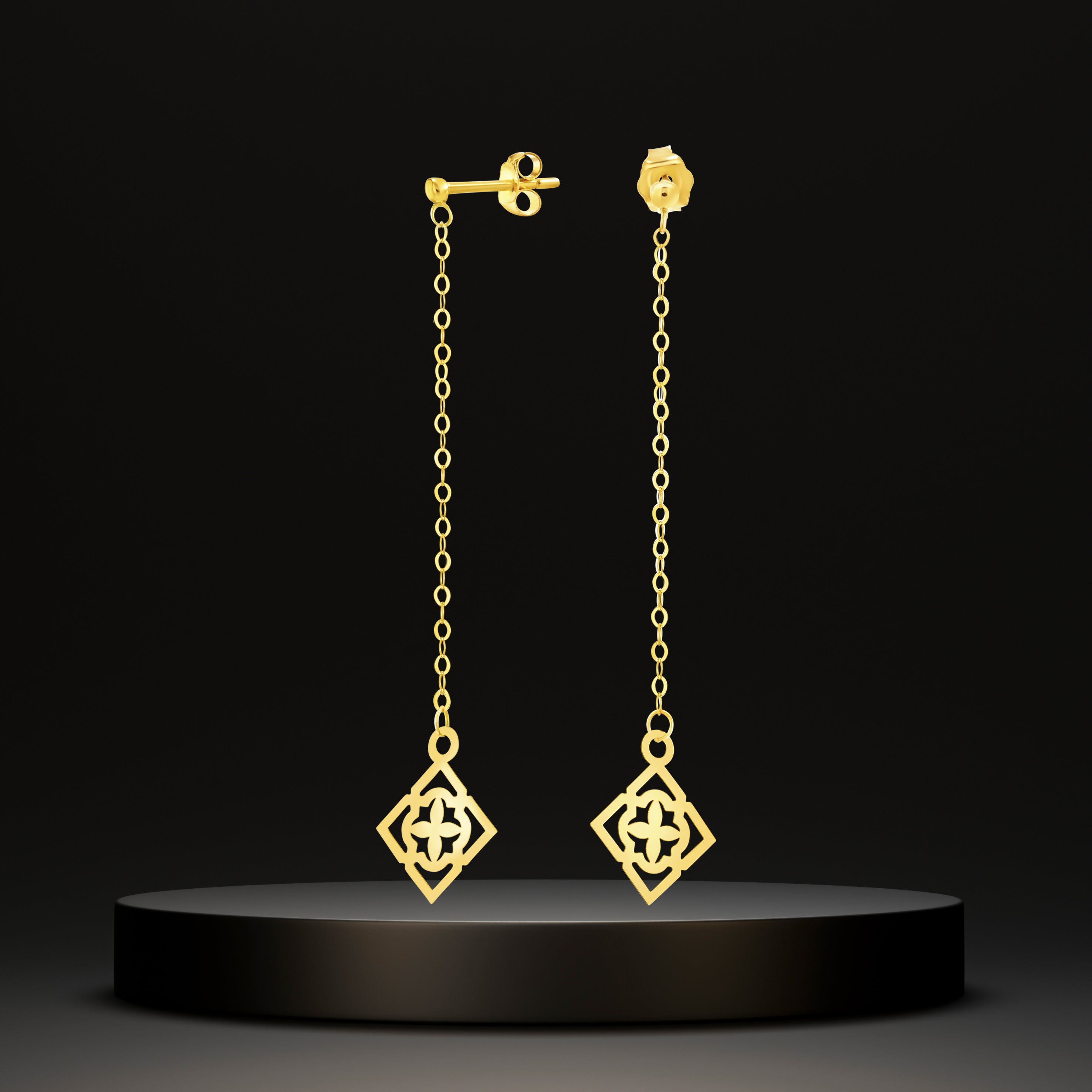 18K Pure Gold Hanging Square Earring Set