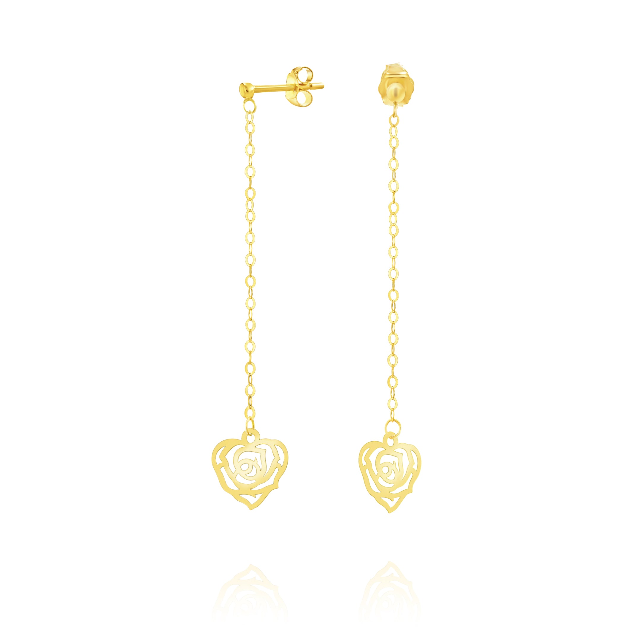 18K Pure Gold Hanging Heart Earring Set