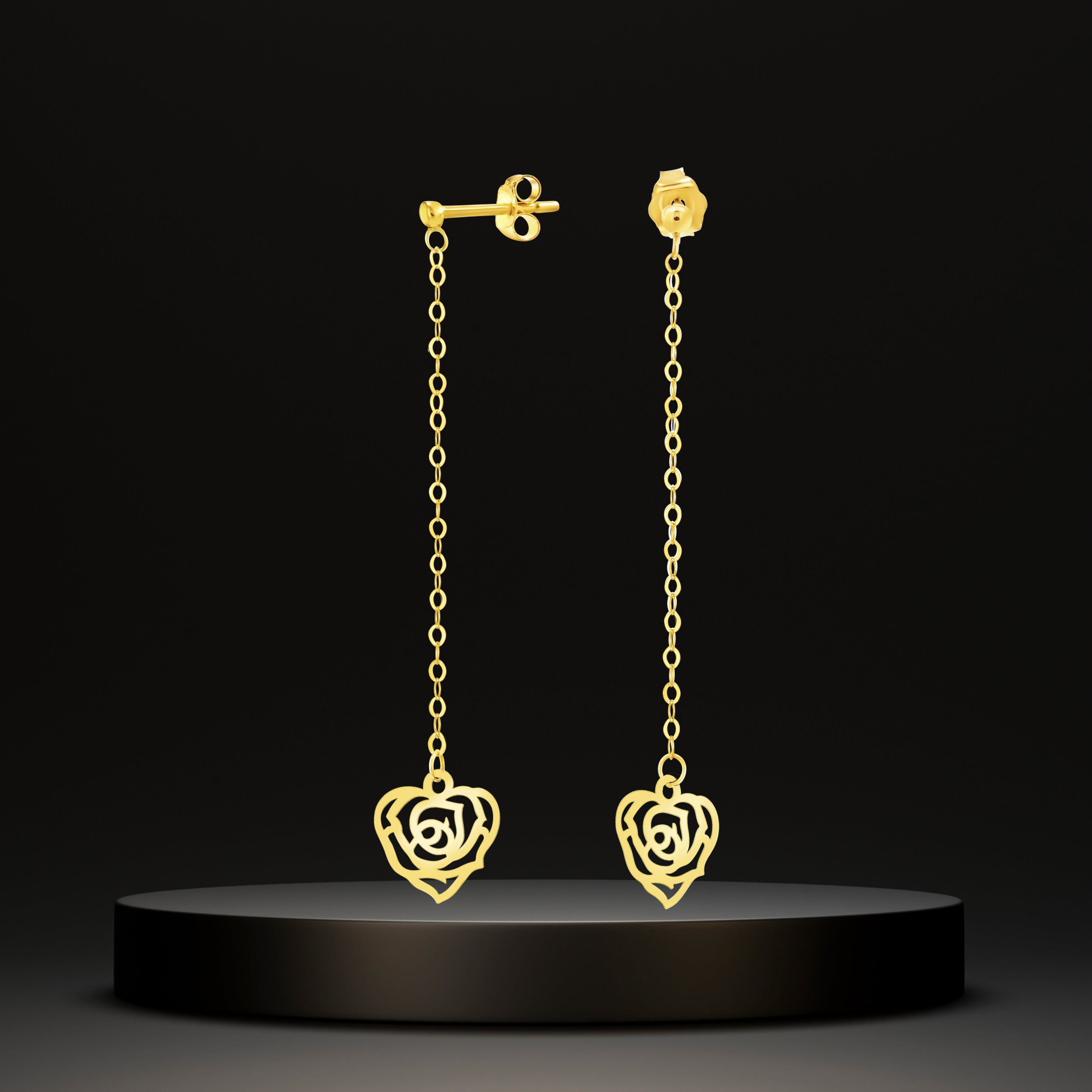 18K Pure Gold Hanging Heart Earring Set