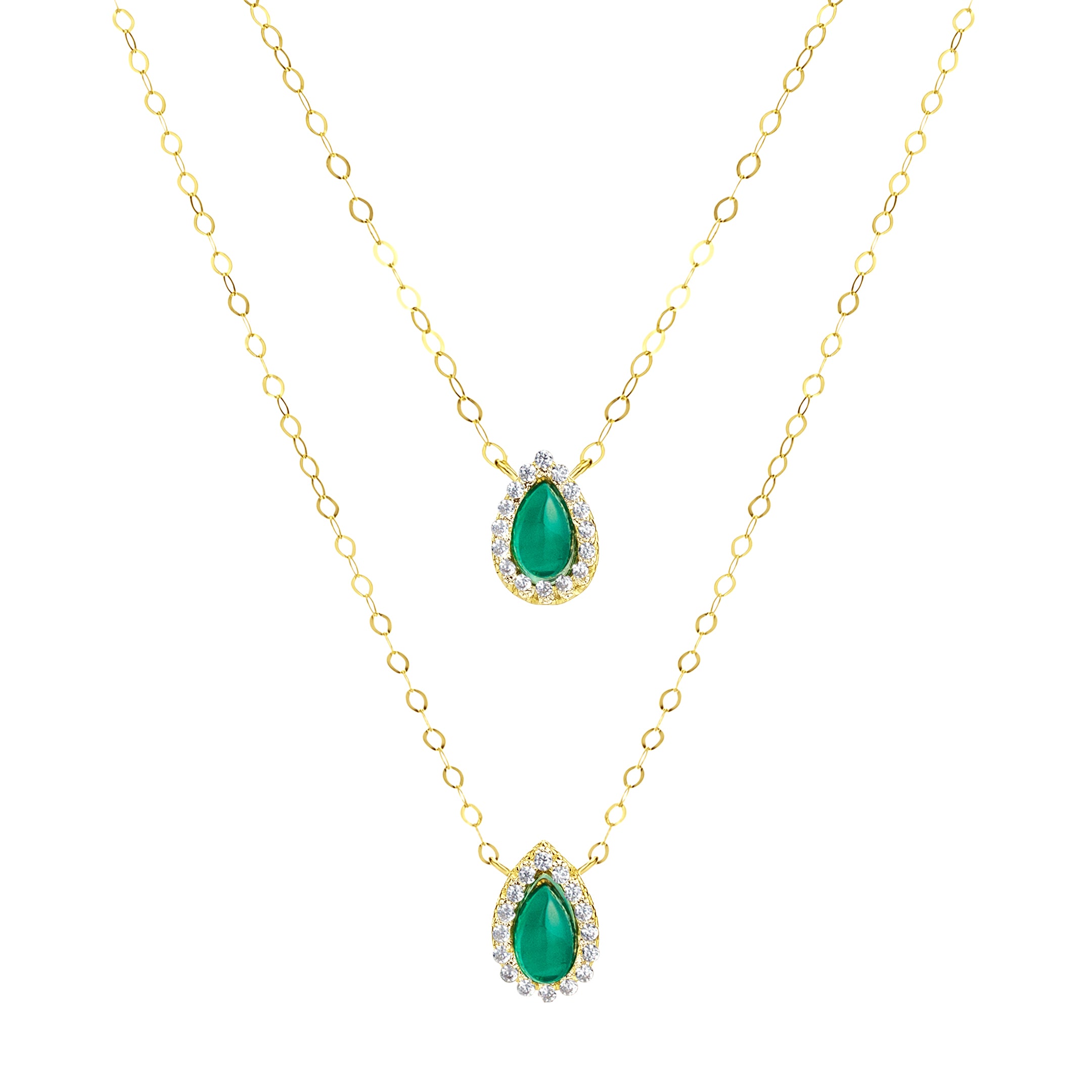 18K Pure Gold 2 Layer Green Stone Necklace