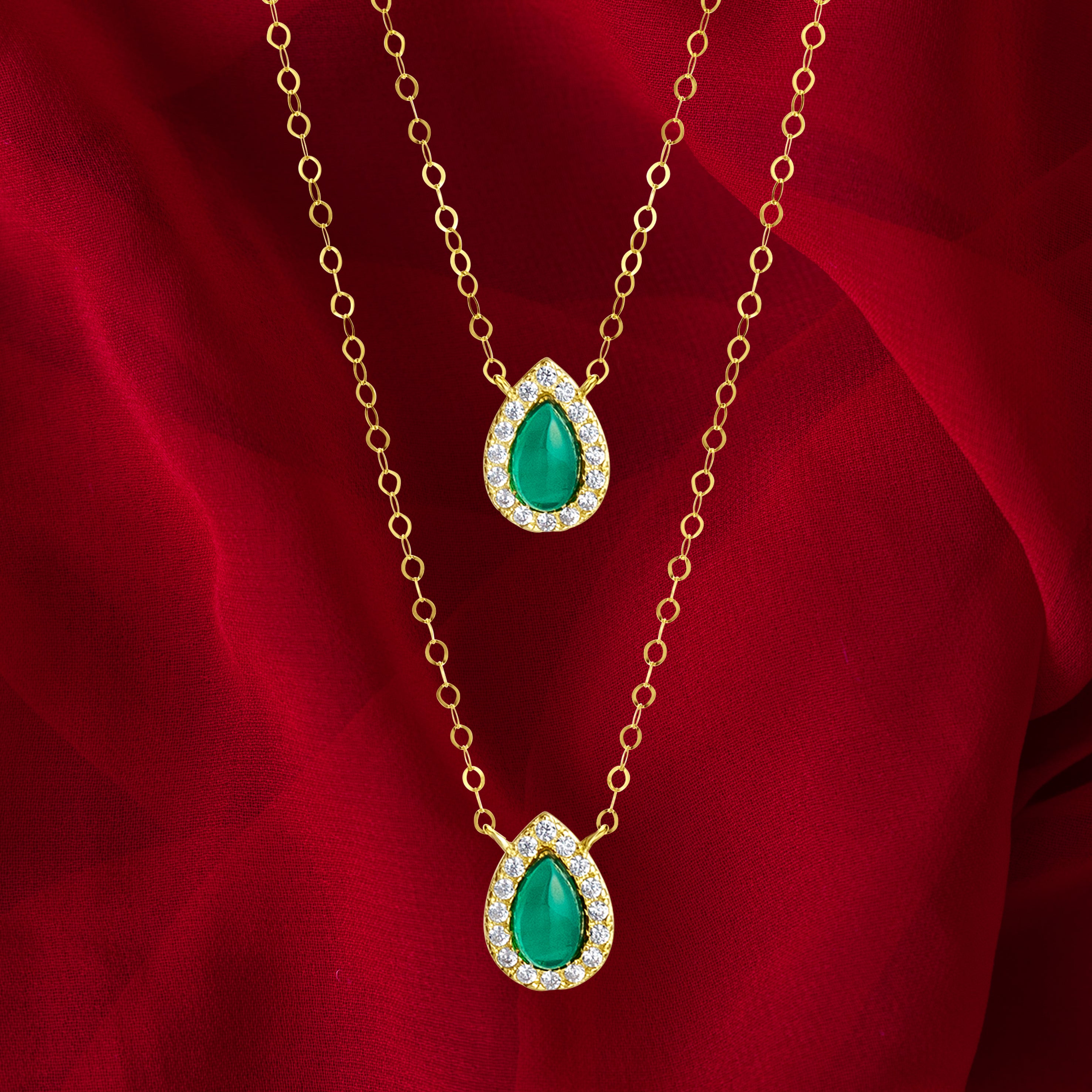 18K Pure Gold 2 Layer Green Stone Necklace