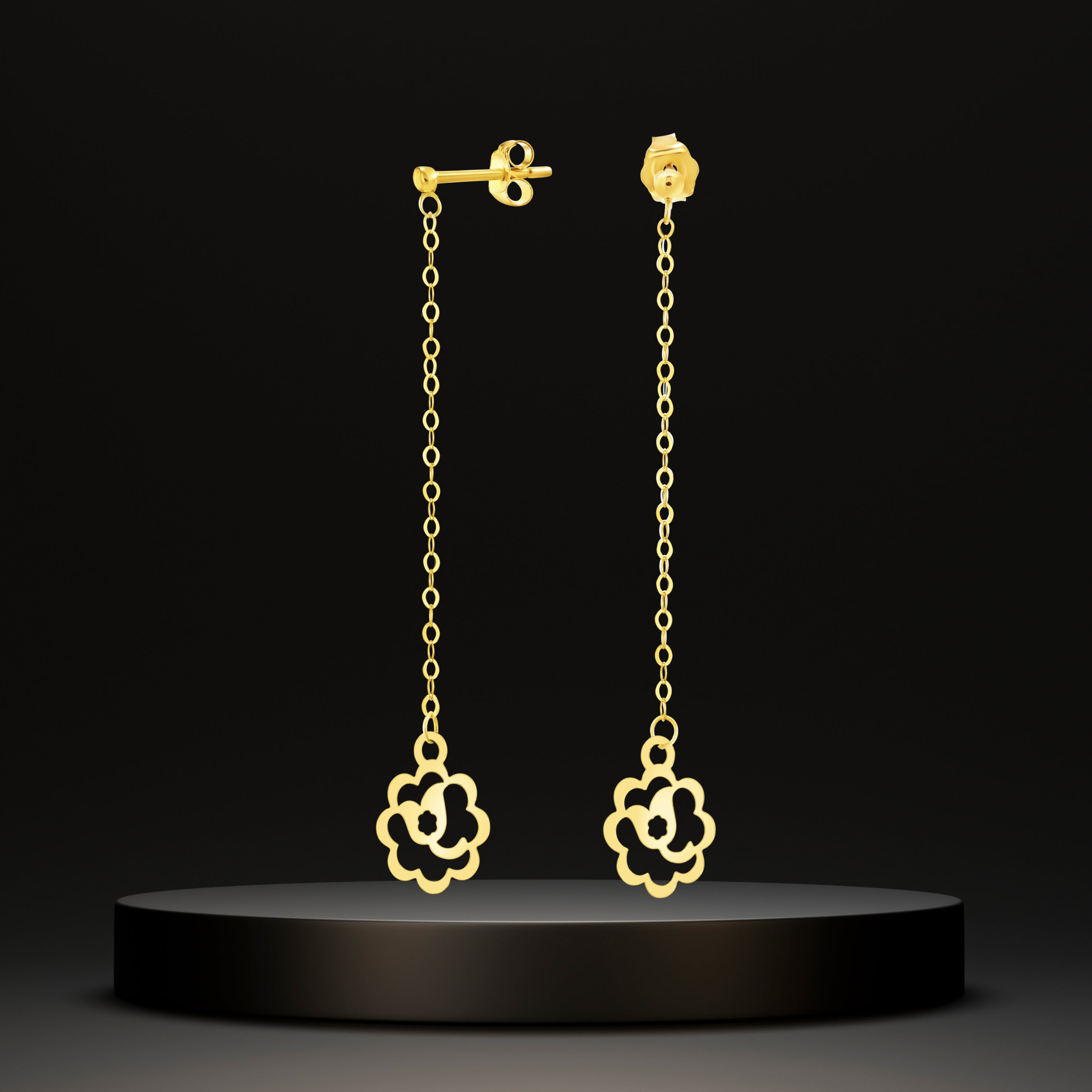 18K Pure Gold Hanging Flower Earring Set