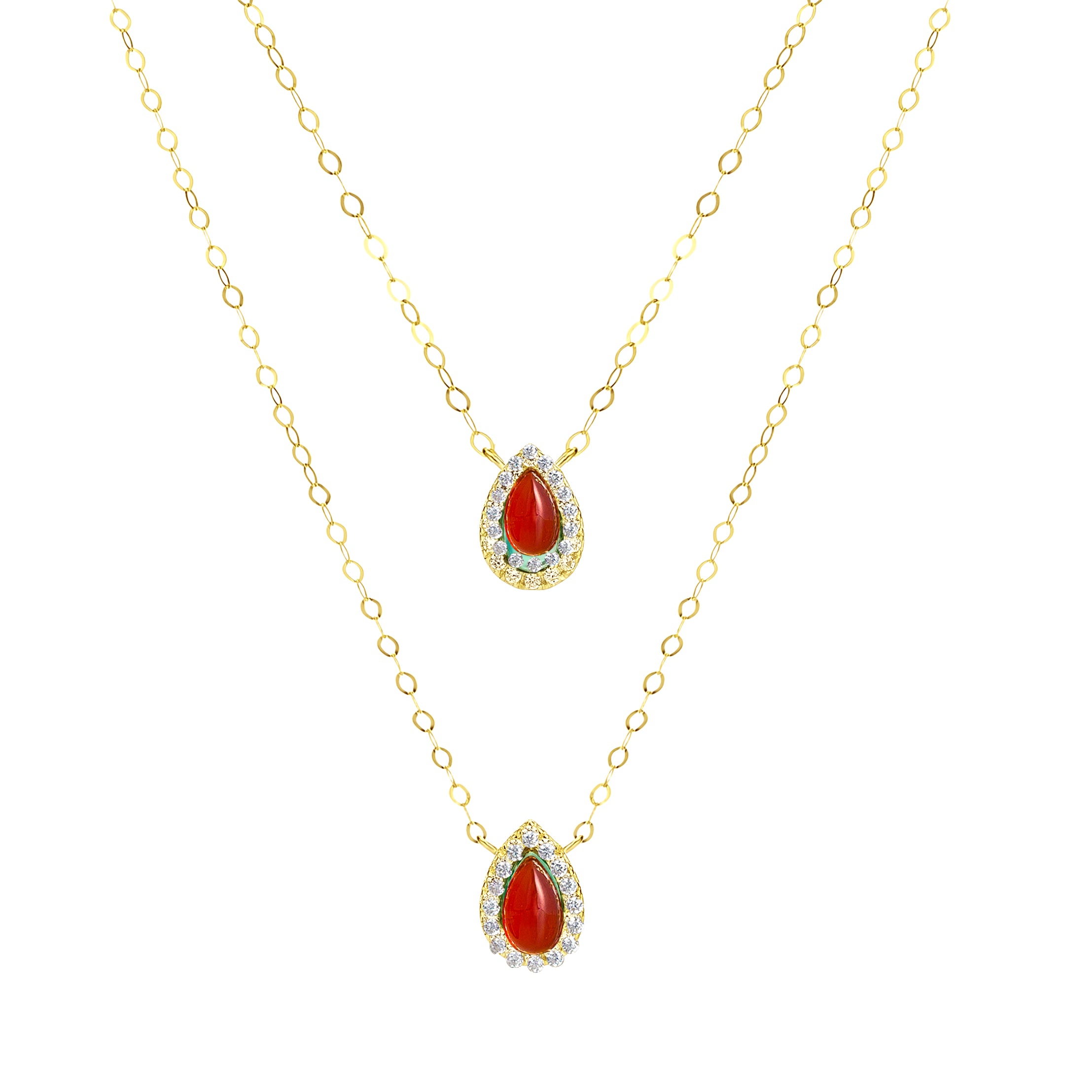 18K Pure Gold 2 Layer Red Stone Necklace