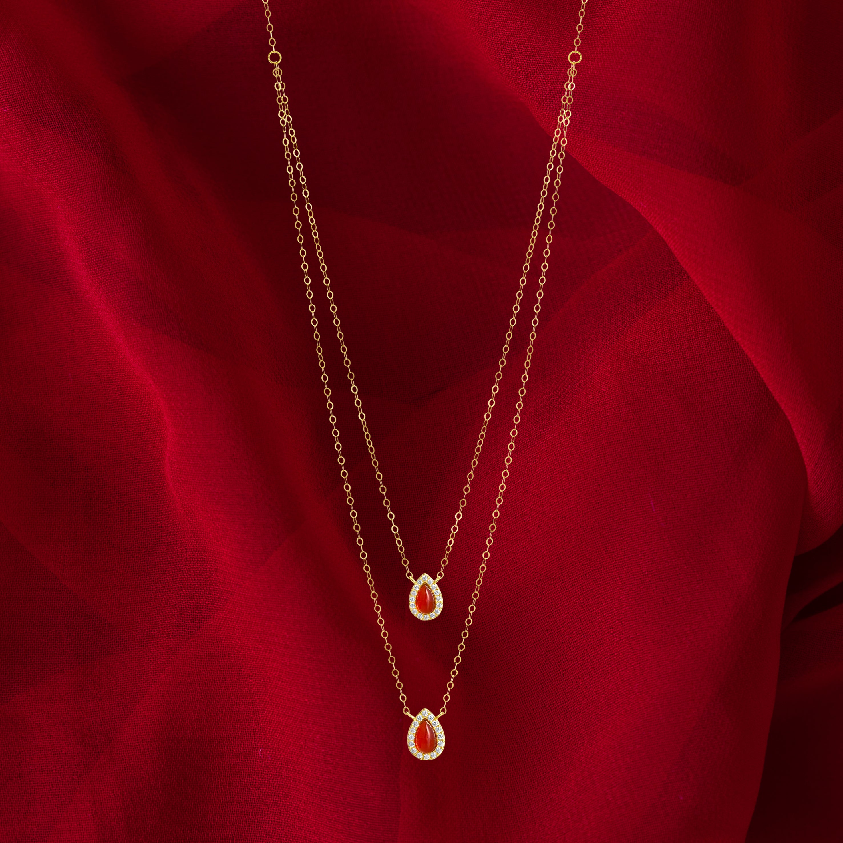 18K Pure Gold 2 Layer Red Stone Necklace