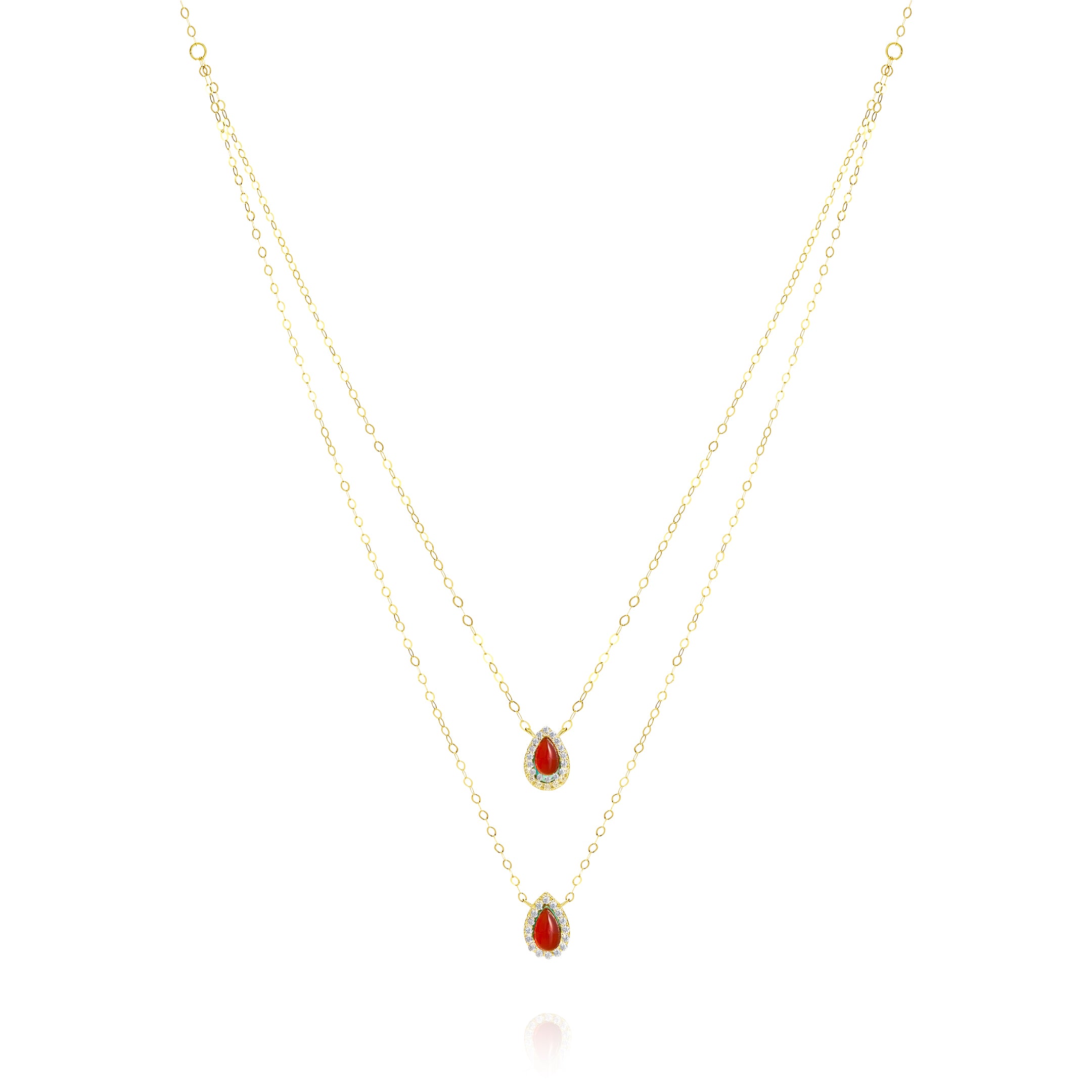 18K Pure Gold 2 Layer Red Stone Necklace