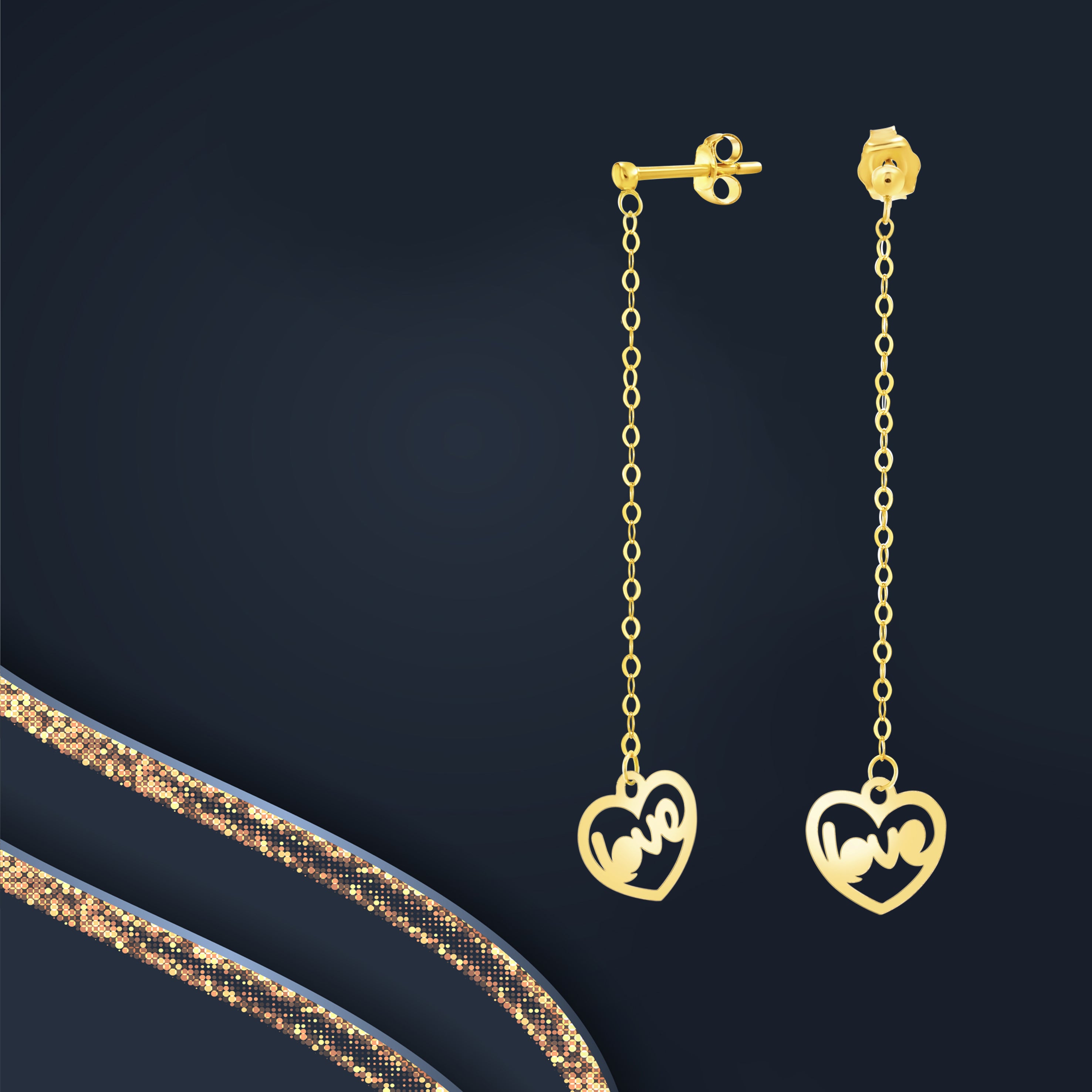 18K Pure Gold Hanging Heart Love Earring Set