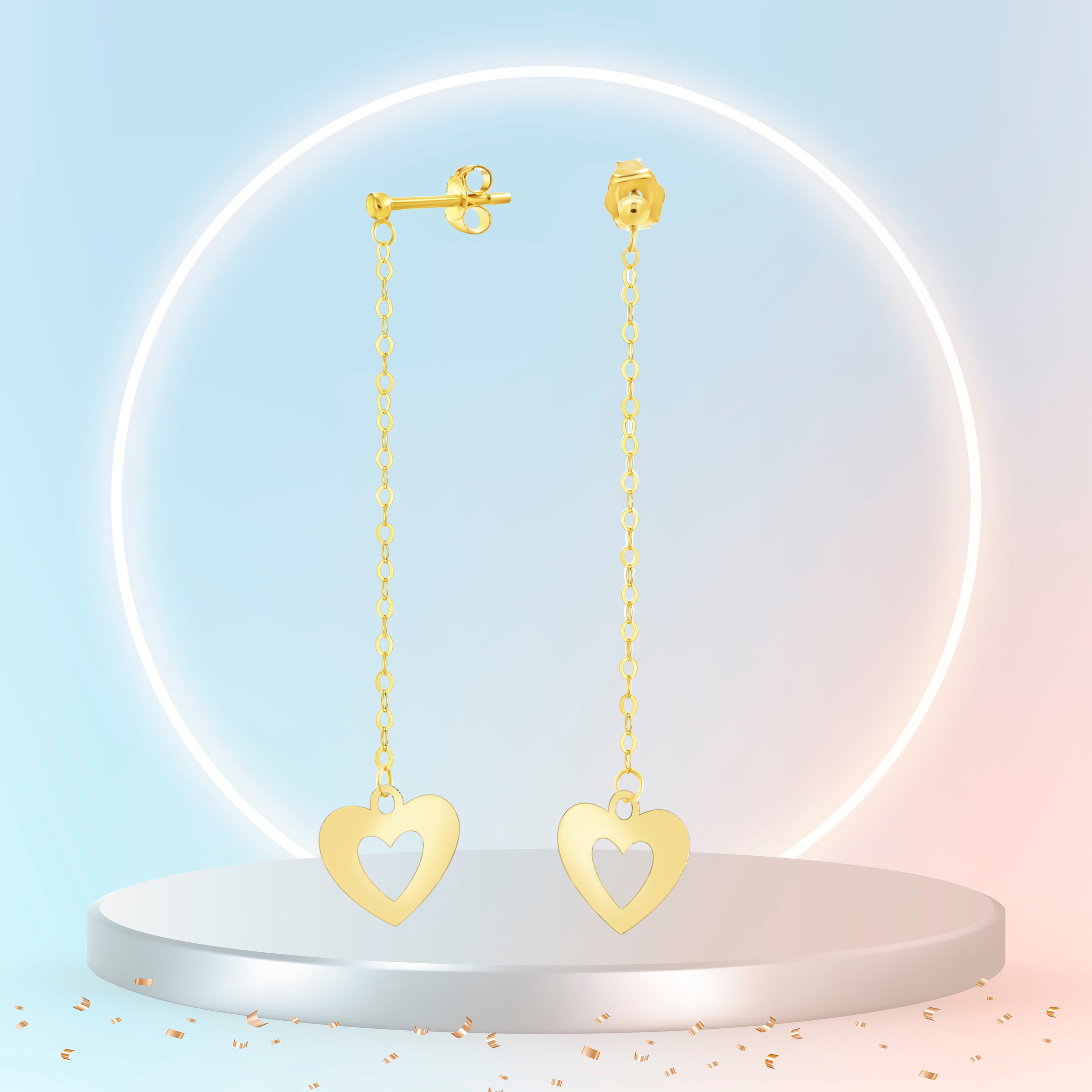 18K Pure Gold Hanging Heart Earring Set