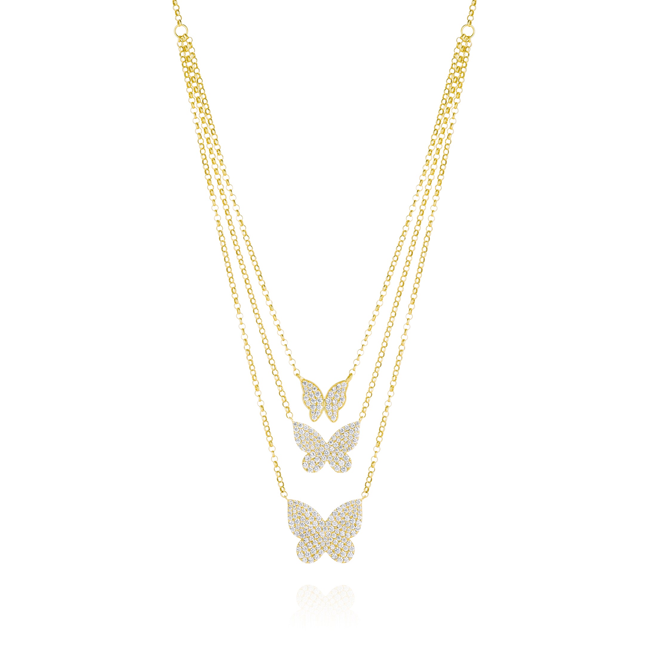 18K Pure Gold 3 Layer Butterfly Stone Necklace
