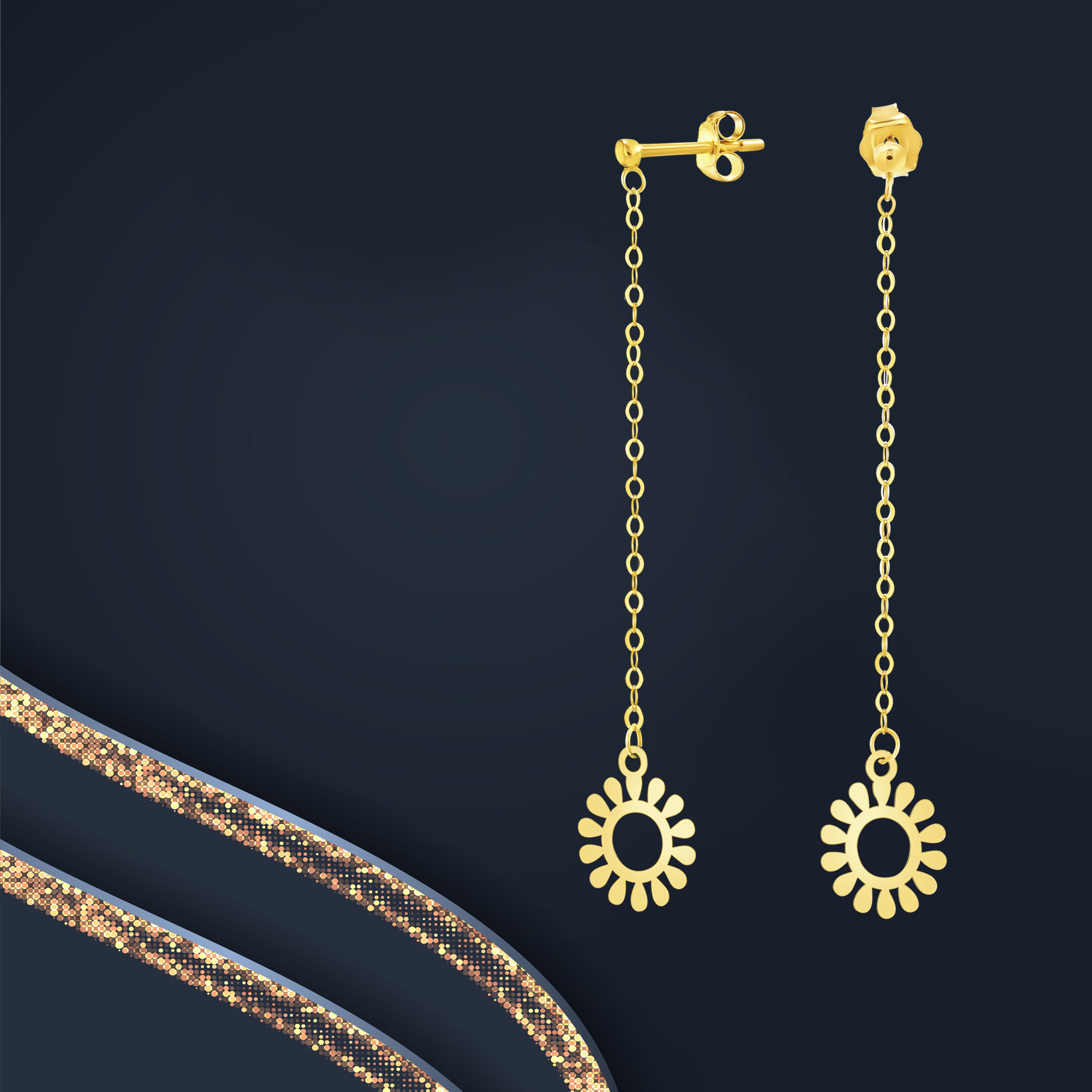 18K Pure Gold Hanging Round Flower Earring Set