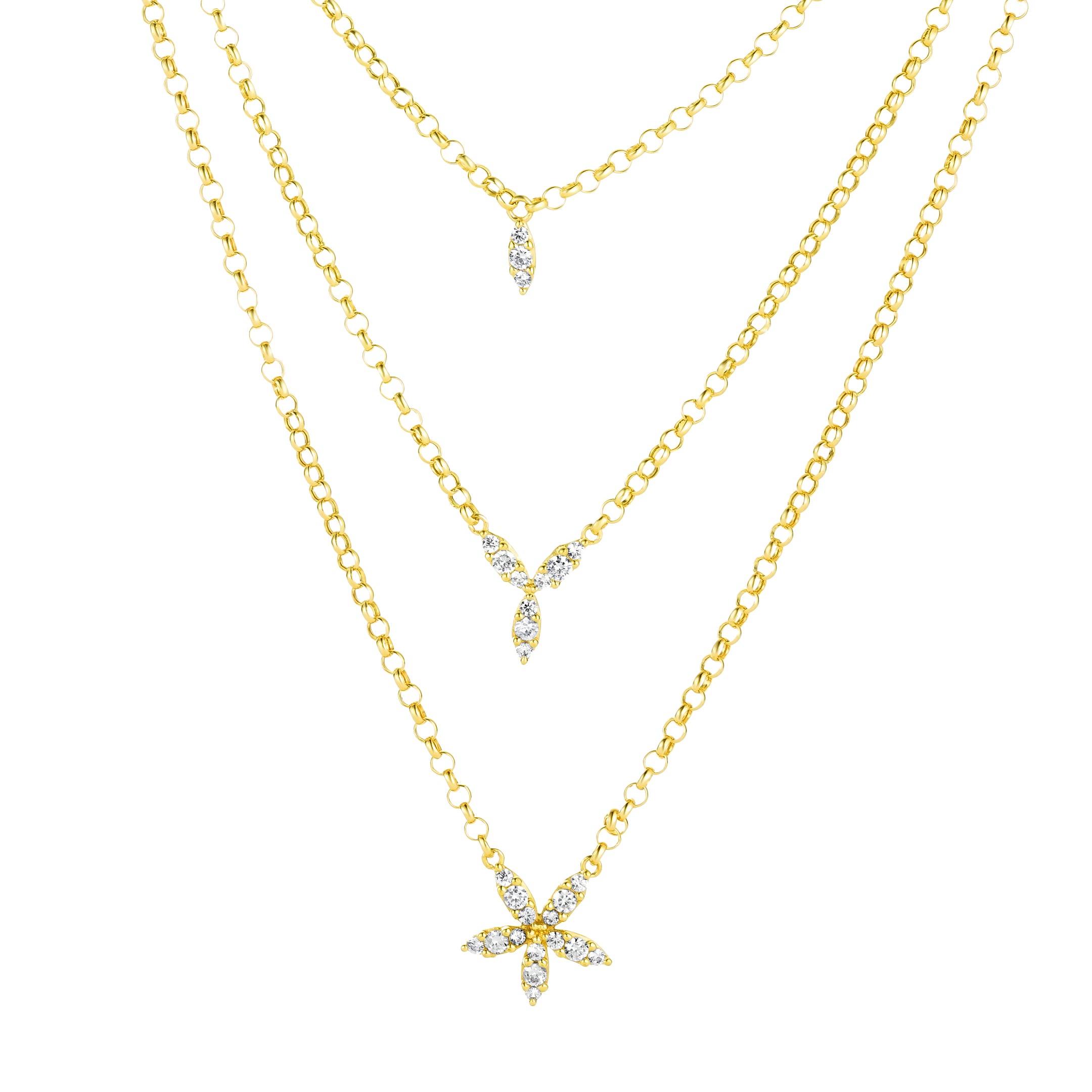 18K Pure Gold 3 Layer Stone Necklace