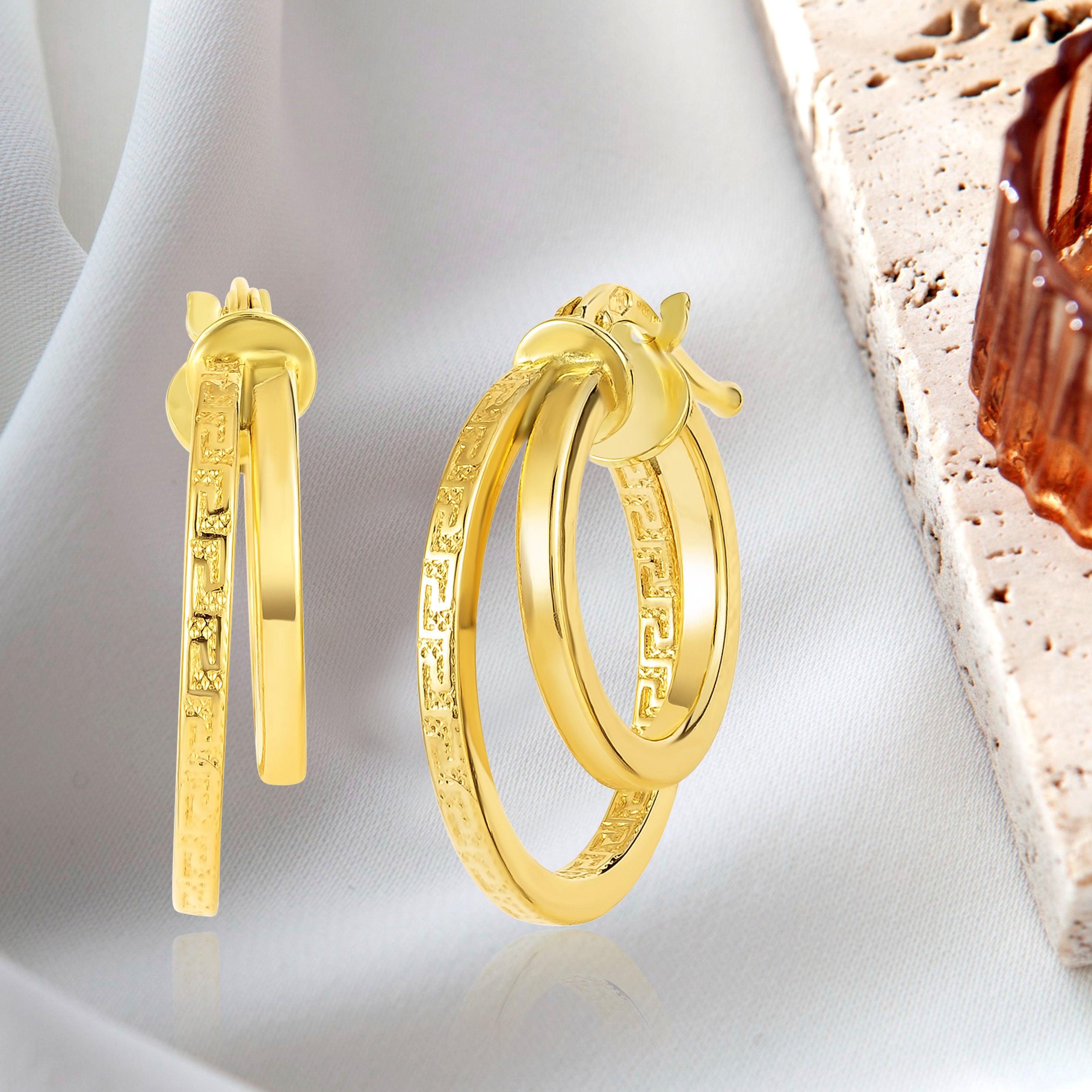 Gold Loop Spring Earning Pattern 18K Pure Gold Double Loop Earring Set