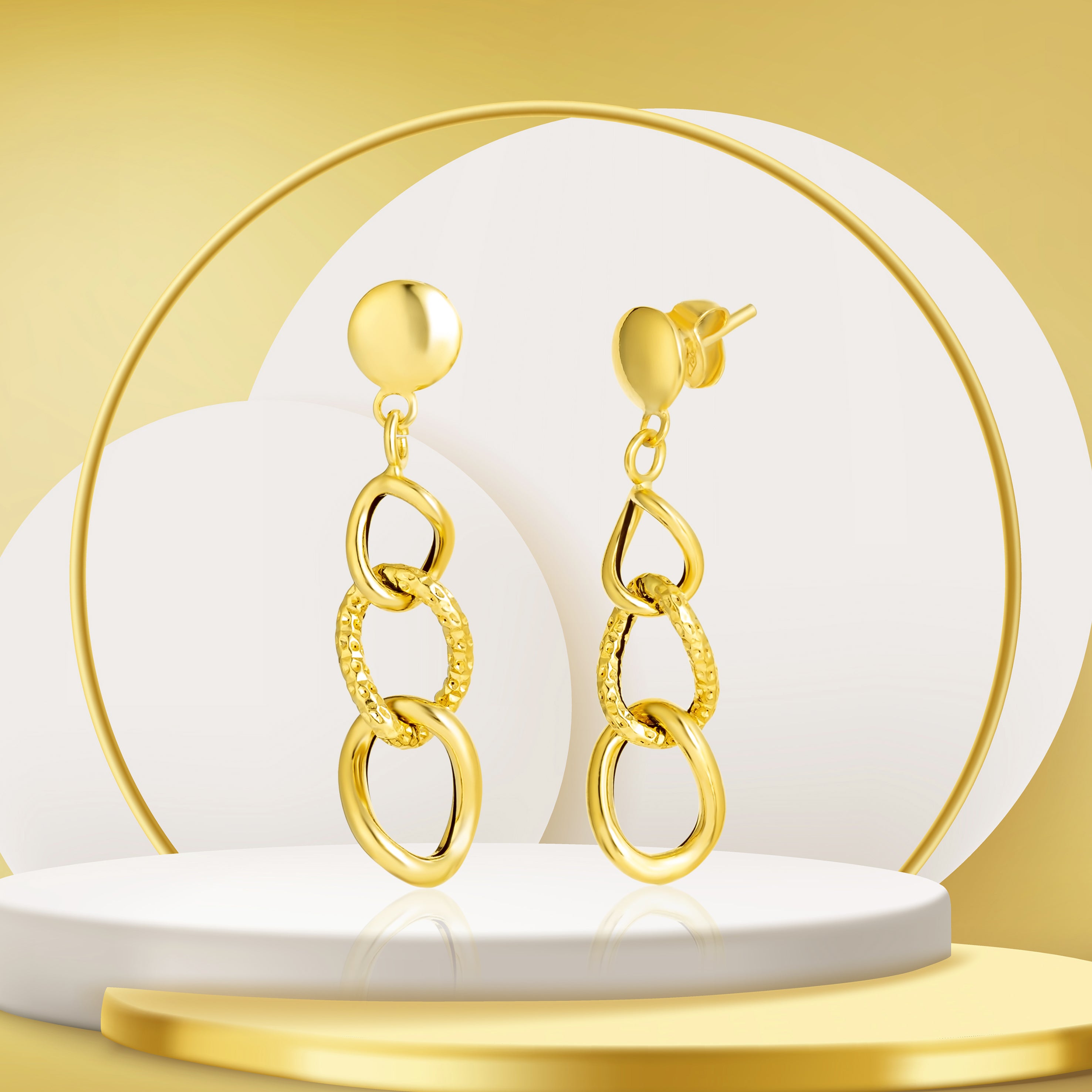 18K Pure Gold Linked Drop Stud Earring Set