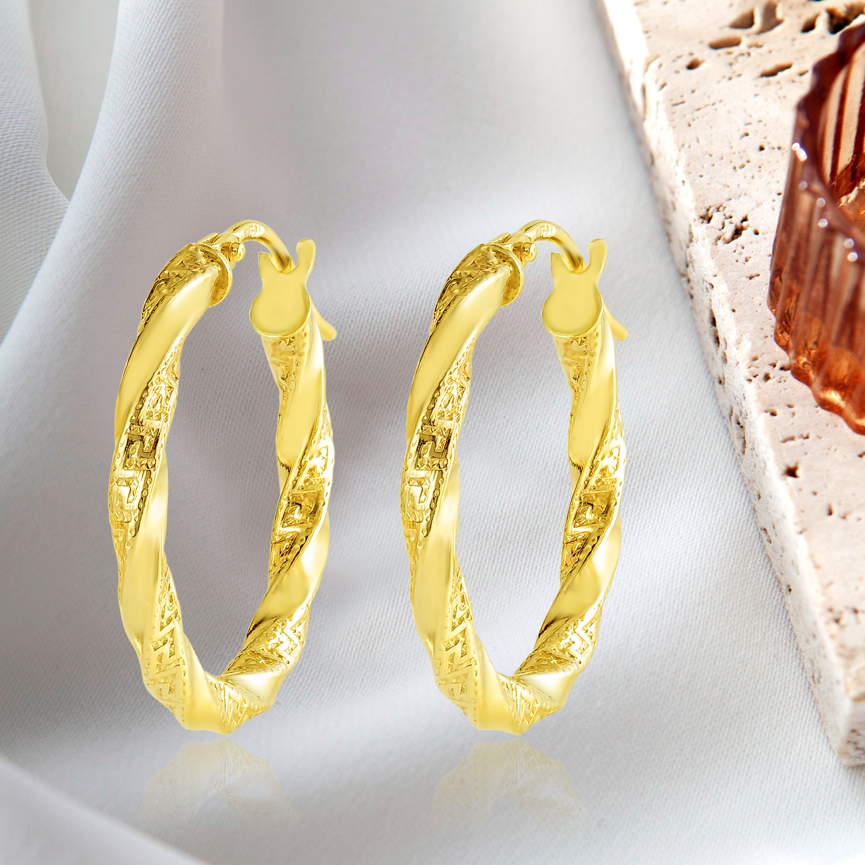 18K Pure Gold Round Twisted Loop Earring Set