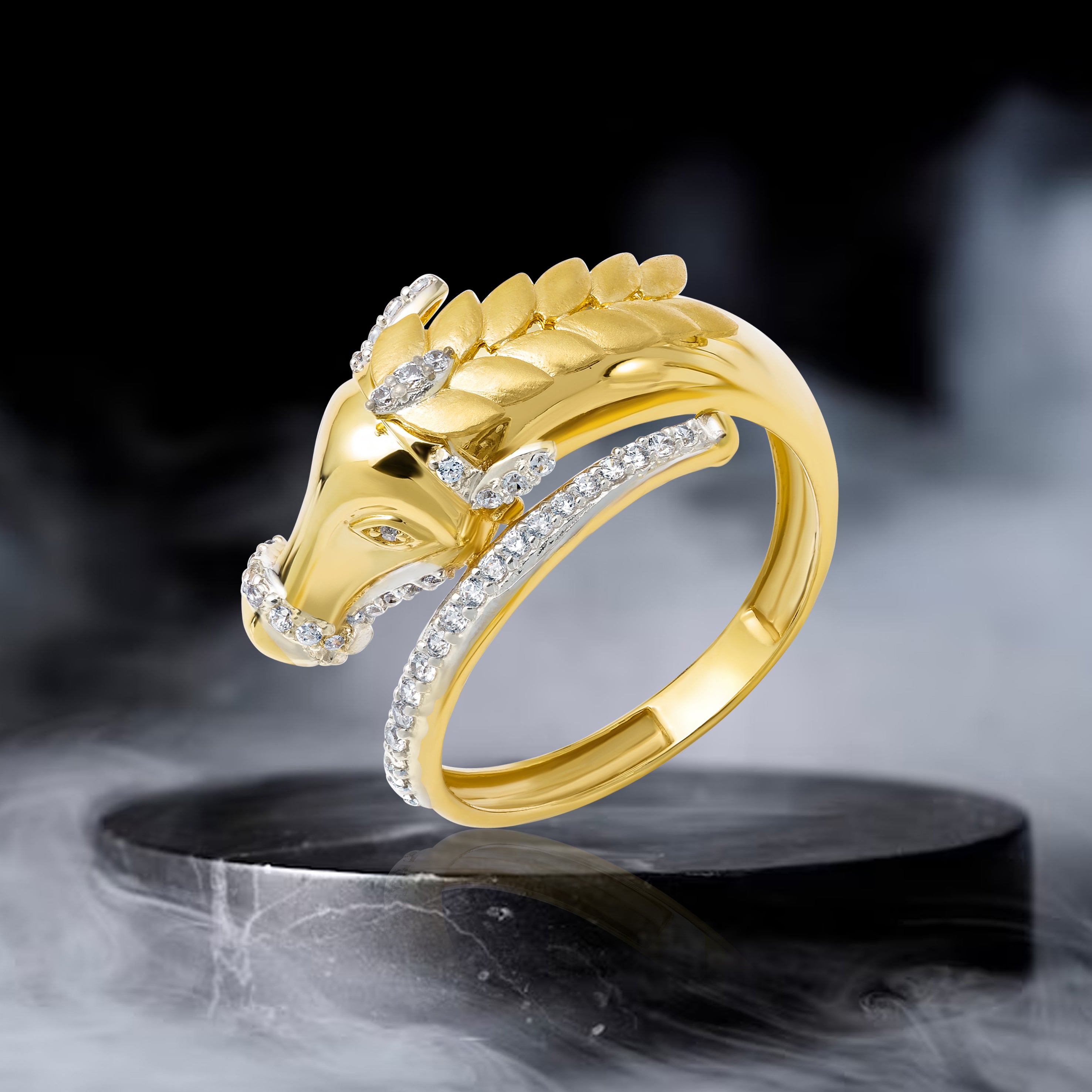 18K Pure Gold Horse Stone Ring