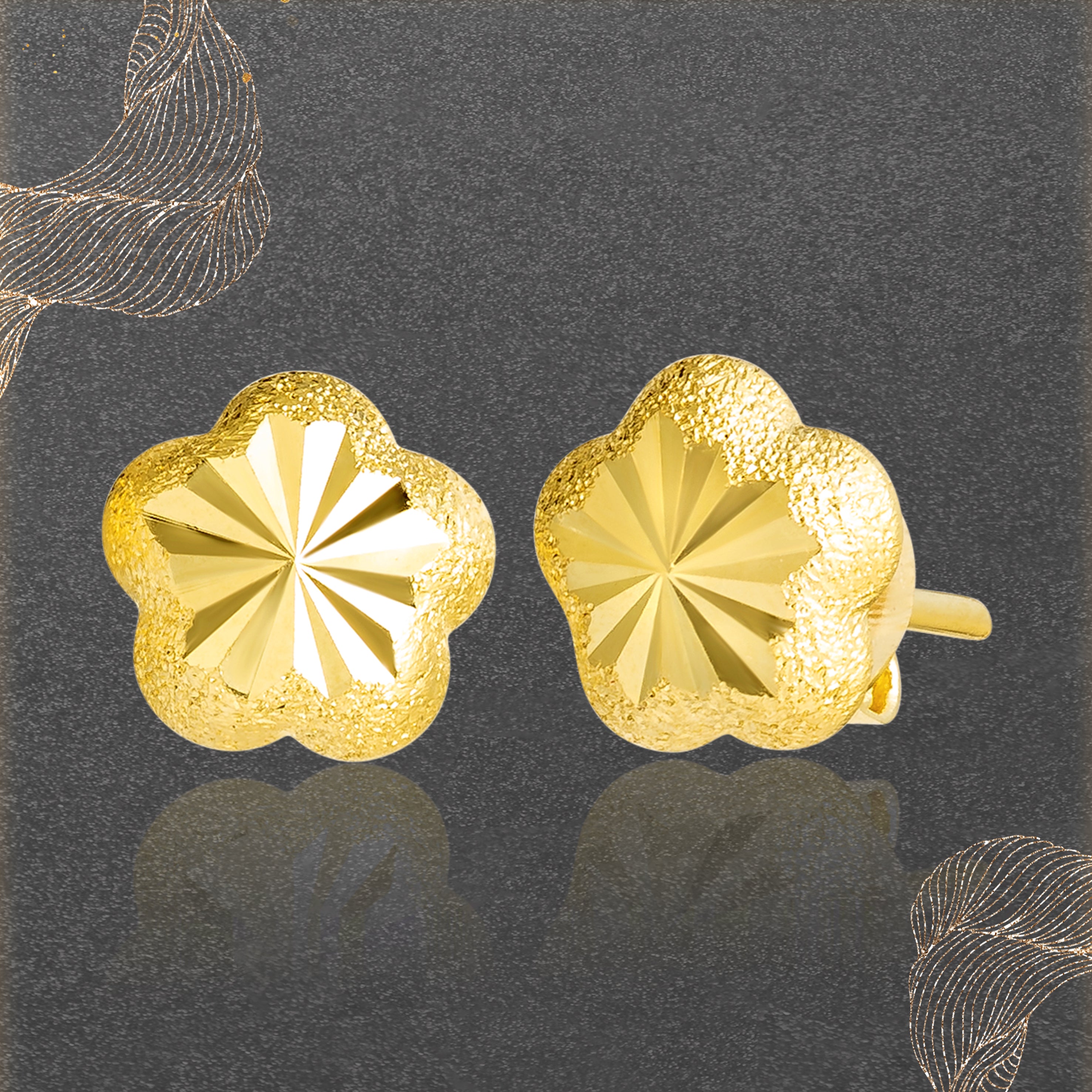 18K Pure Gold Flower Stud Earring Set