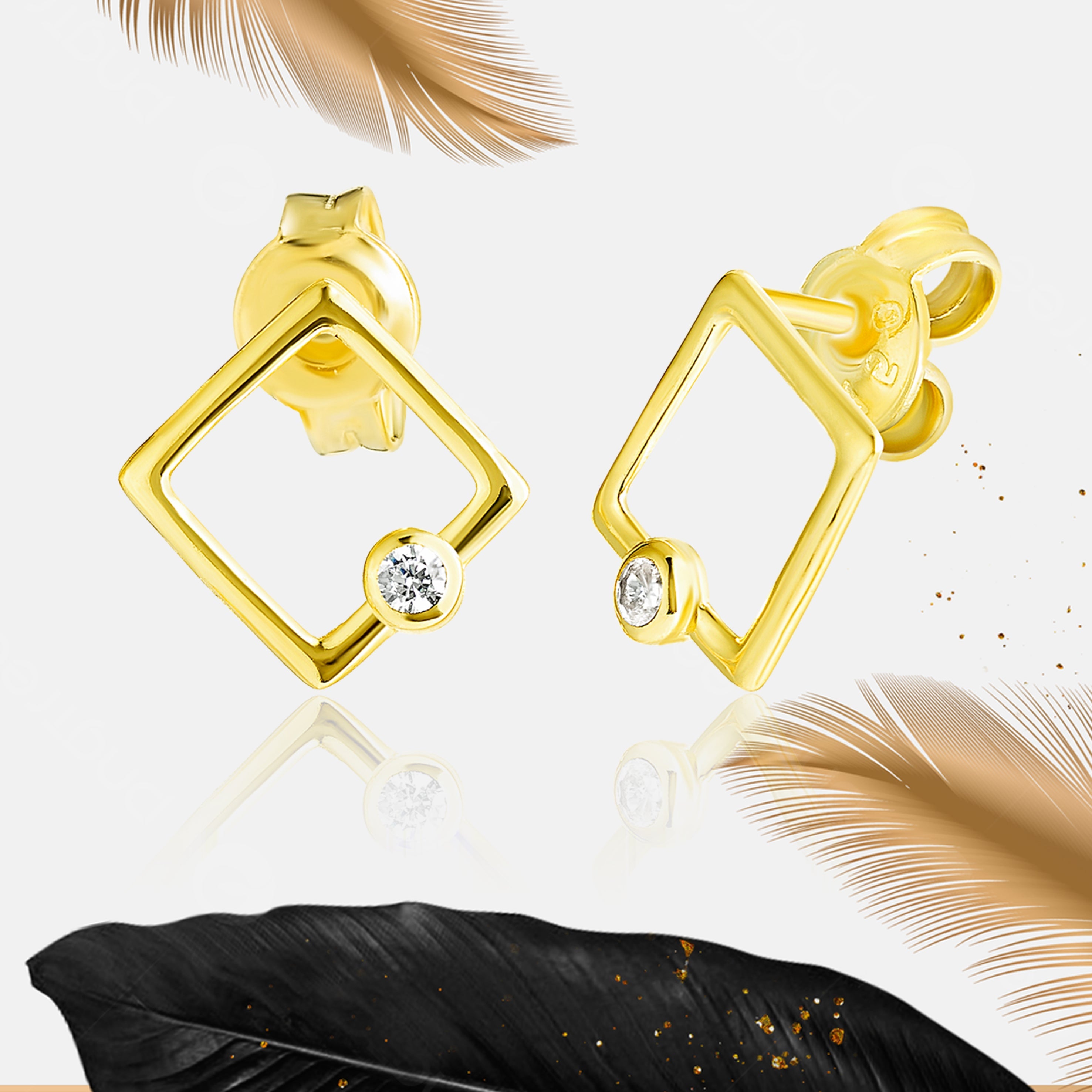 18K Pure Gold Square Stone Earrings