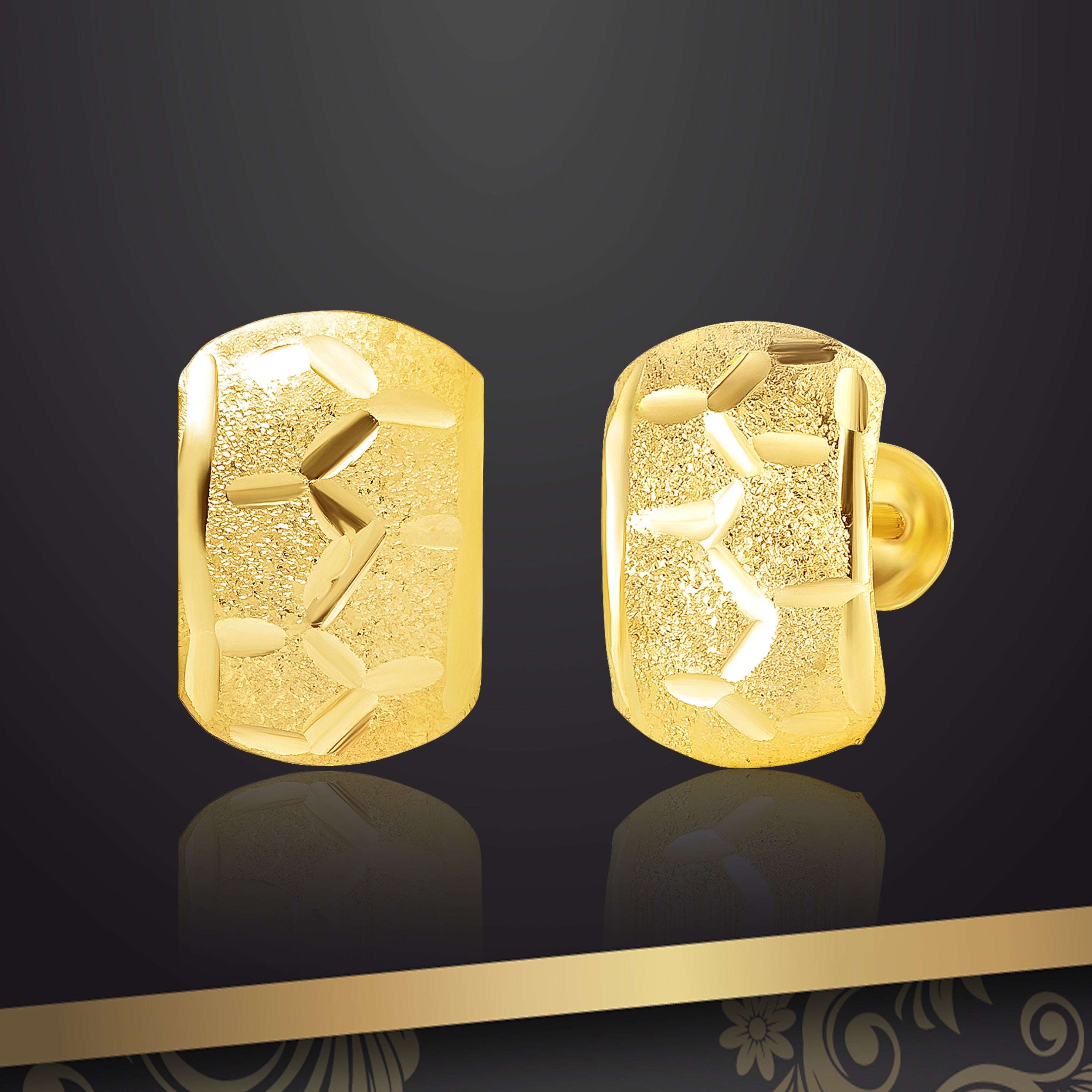 18K Pure Gold Curved Square Screw Earring Set