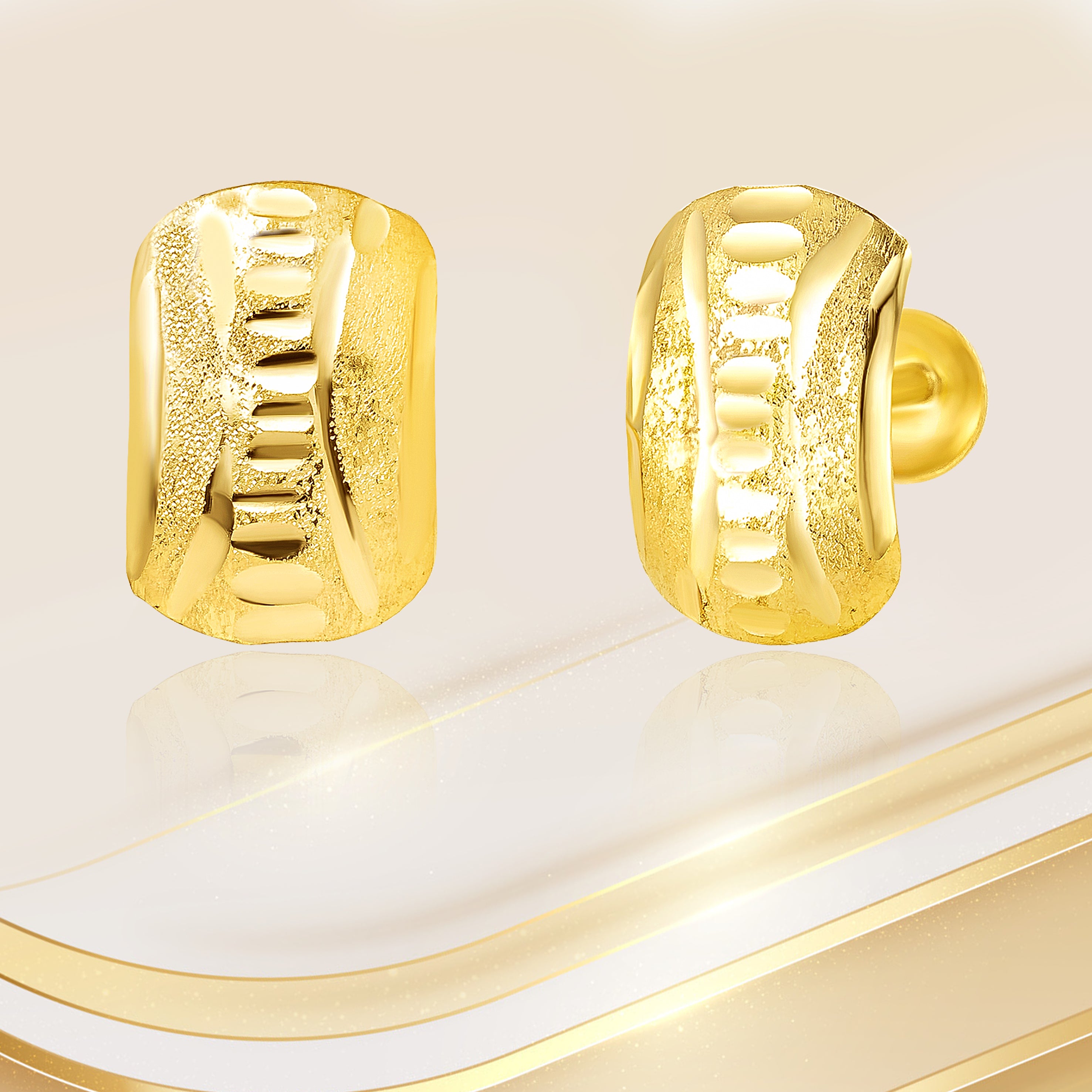 18K Pure Gold Curved Square Screw Earring Set