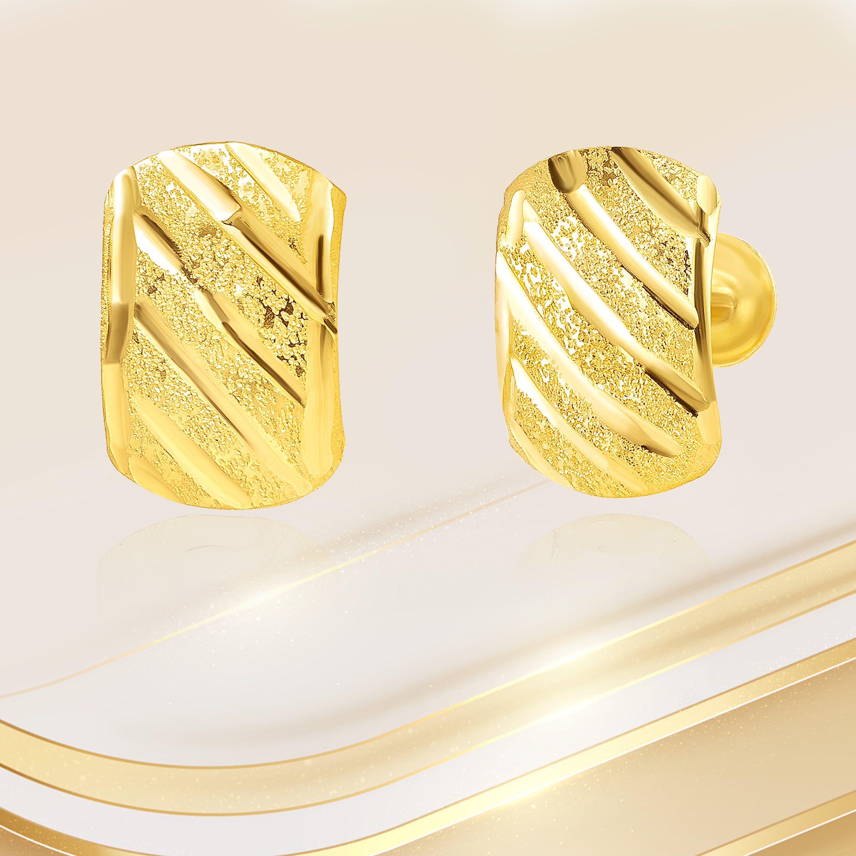 18K Pure Gold Curved Square Screw Earring Set